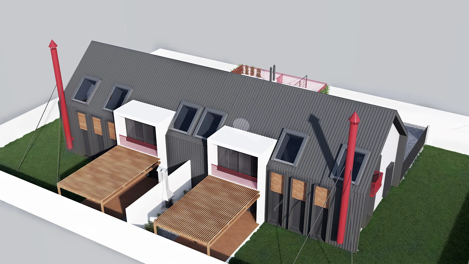 Architectural model of a modern townhouse with black sloped roof, white and black exterior walls, large windows, rooftop garden, and wooden decks.