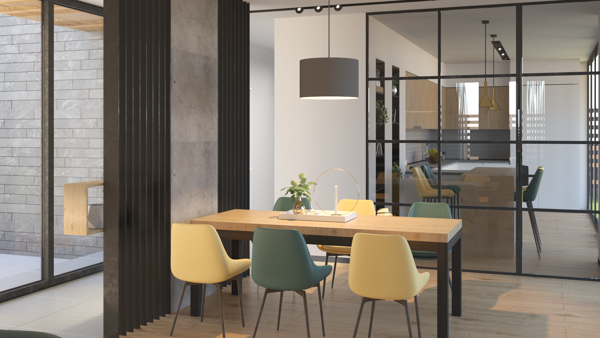 Modern dining area with wooden table, colorful chairs, pendant light, decorative objects, and glass partition separating from kitchen.