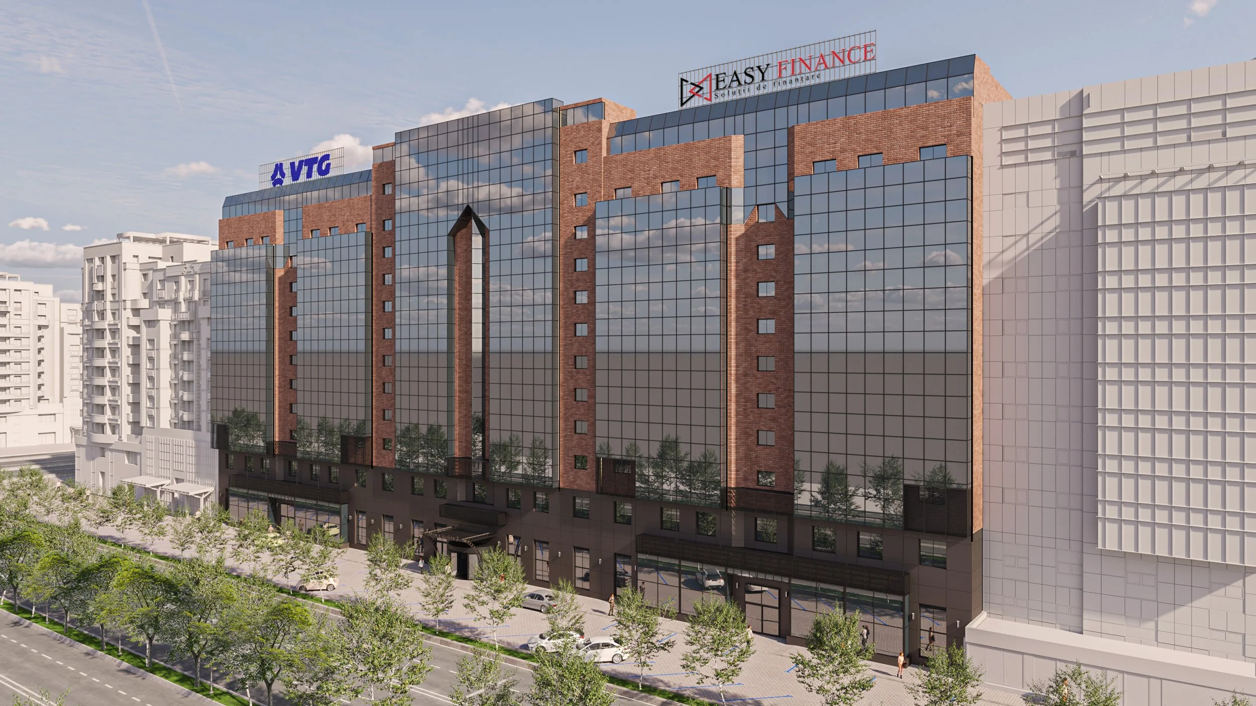 Modern multi-story office building with reflective glass windows and brick accents, located in an urban area. The building features signage for VTG and Easy Finance on the top and has a street with parked cars and trees in front.
