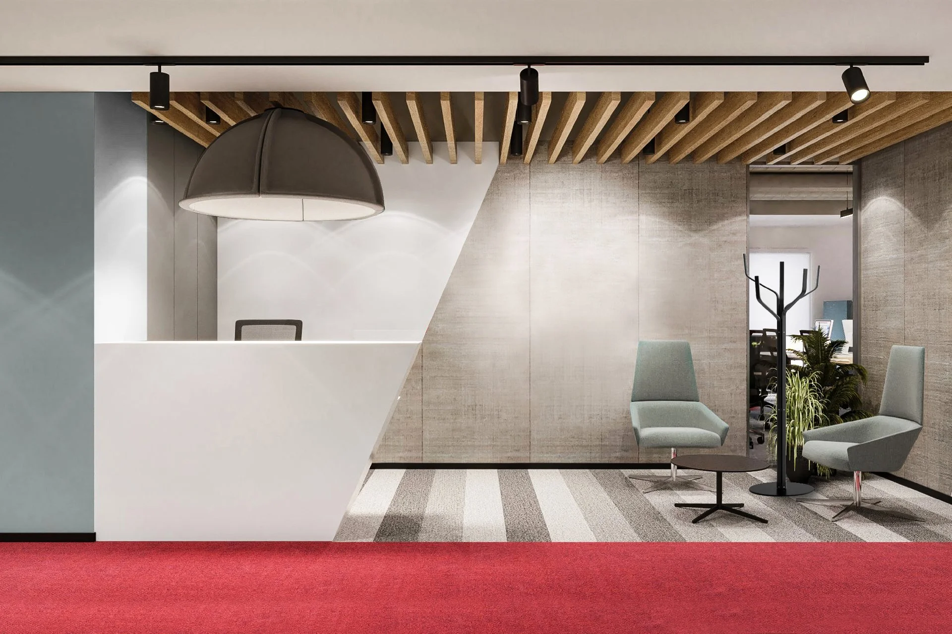 Modern office reception area with white desk, a large black pendant light, two light gray chairs, a small round table, a coat stand, and a green plant.