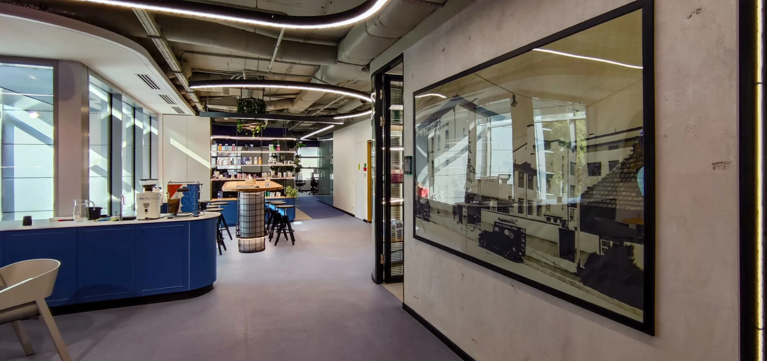 Modern office kitchen and lounge area with large window, blue cabinets, black stools, and shelving with plants and supplies.