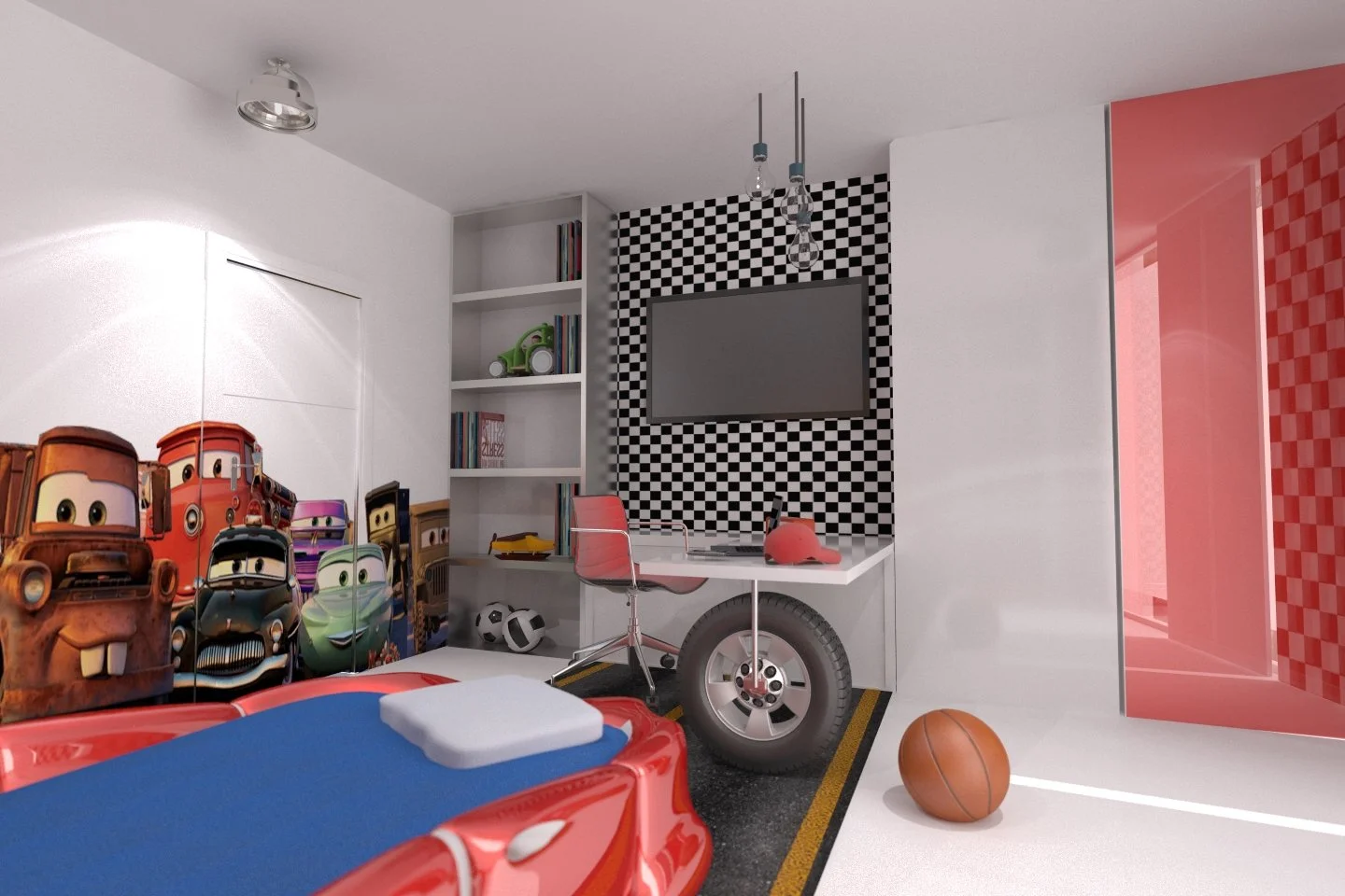 Children's bedroom with Cars characters wallpaper, a bed with a blue blanket, and a ball on the floor.