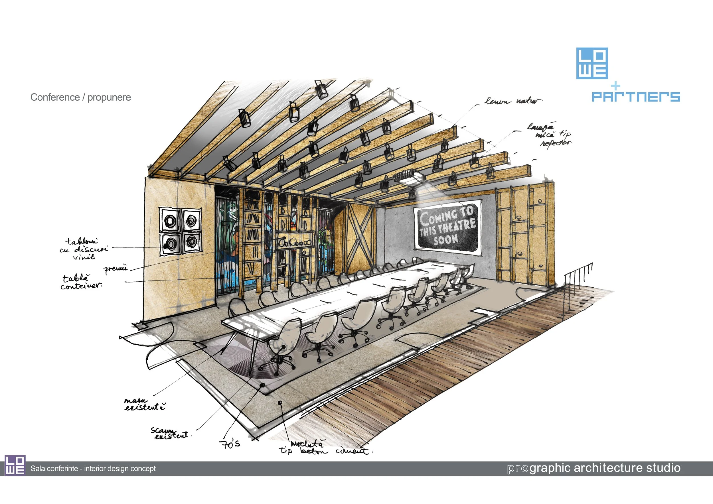 Interior design sketch of a conference room with a long table, office chairs, wooden wall shelves, and a large screen displaying the message 'Coming to this theatre soon.' The ceiling features exposed wooden beams with track lighting, and the room has a mix of modern and rustic decor.