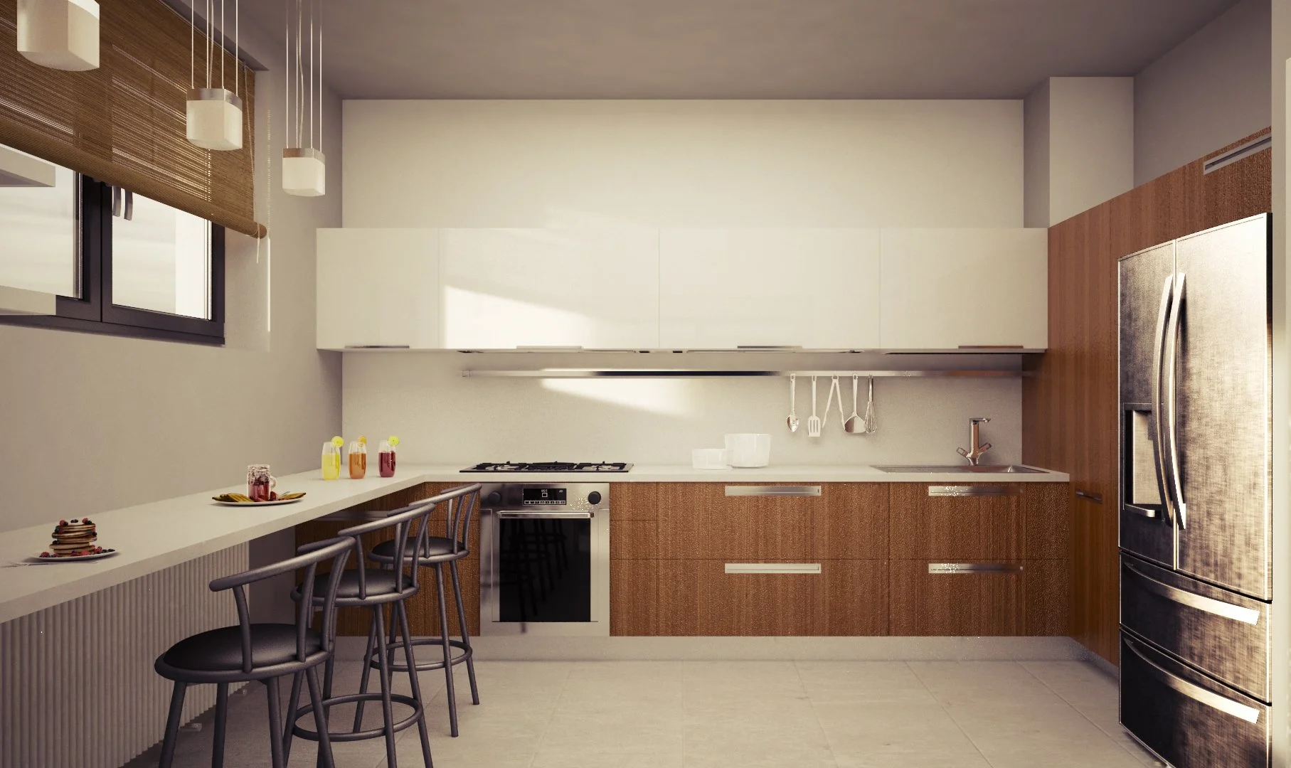 Modern kitchen with brown lower cabinets, white upper cabinets, stainless steel appliances including a double-door refrigerator, and a window with wooden blinds. There is a small breakfast bar with three barstools and breakfast foods on the counter.