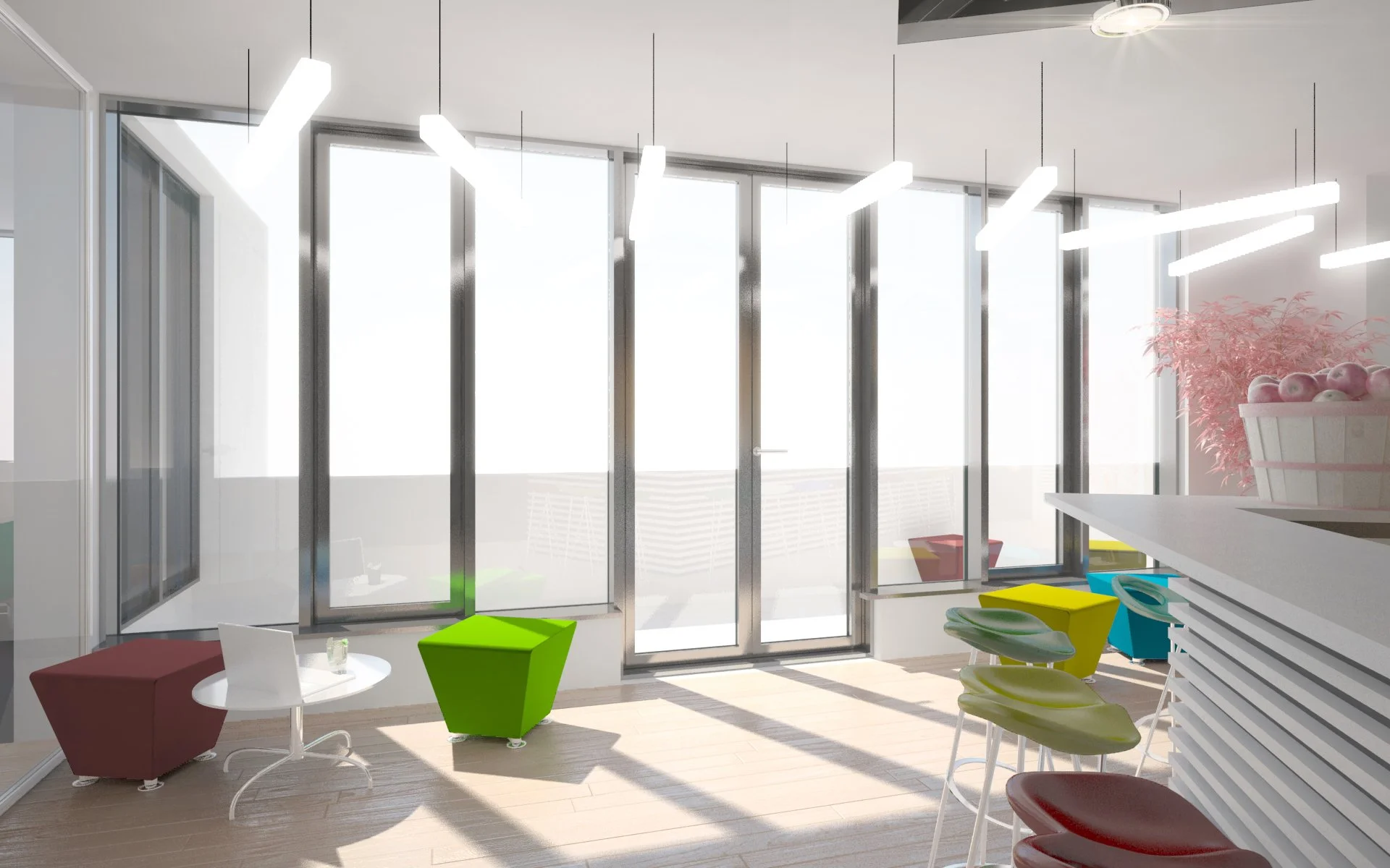 Modern sunlit room with large glass windows, colorful furniture including green, red, and yellow chairs, bar-style seating, and minimalistic decor.