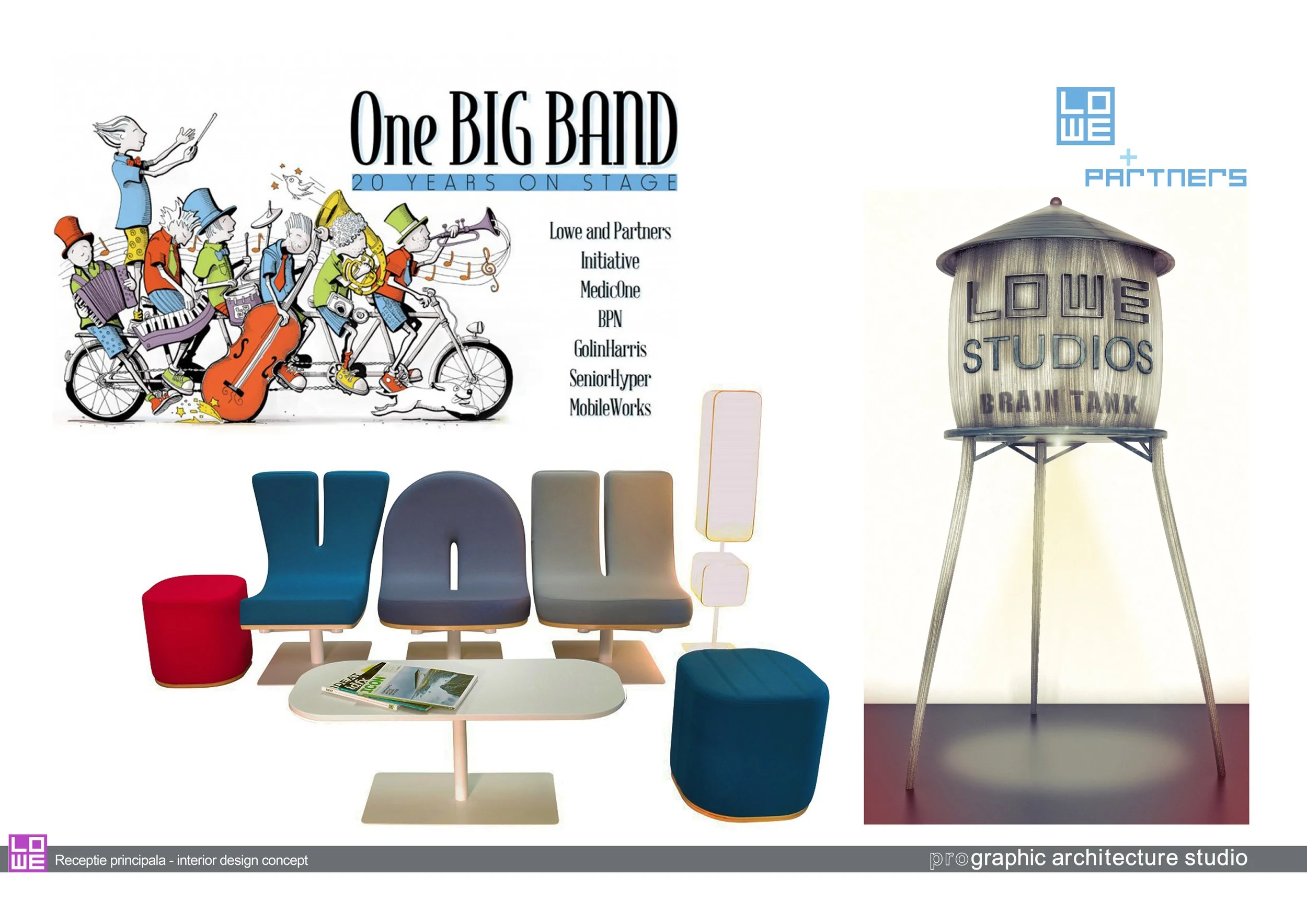 Design board showcasing branding and interior seating concepts, with a poster of a cartoon band riding bicycles, chairs and stools in various colors, a magazine on a small table, and a large water tower with company logos, for a graphic architecture studio.
