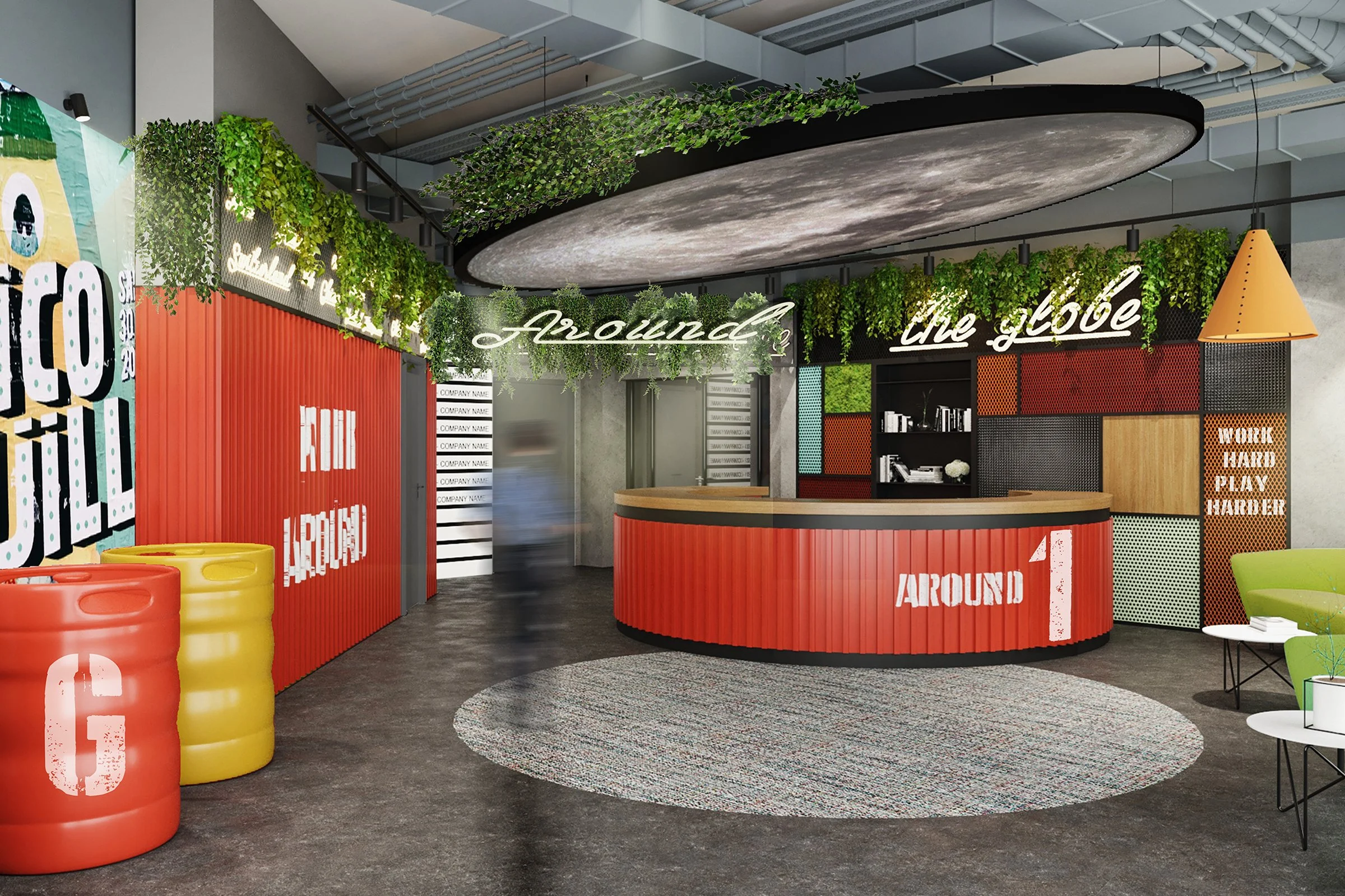 Modern reception area with a red curved counter, green plants, colorful barrels, black shelves, and a seating area with green chairs.