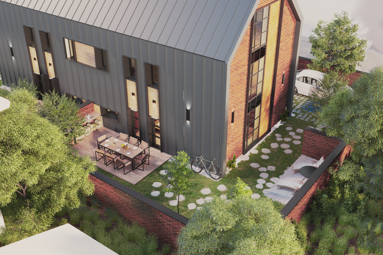 A modern residential building with a rooftop outdoor area featuring a dining table with eight chairs, greenery, trees, a bicycle, and lounge chairs on a stone-paved patio surrounded by a brick wall.