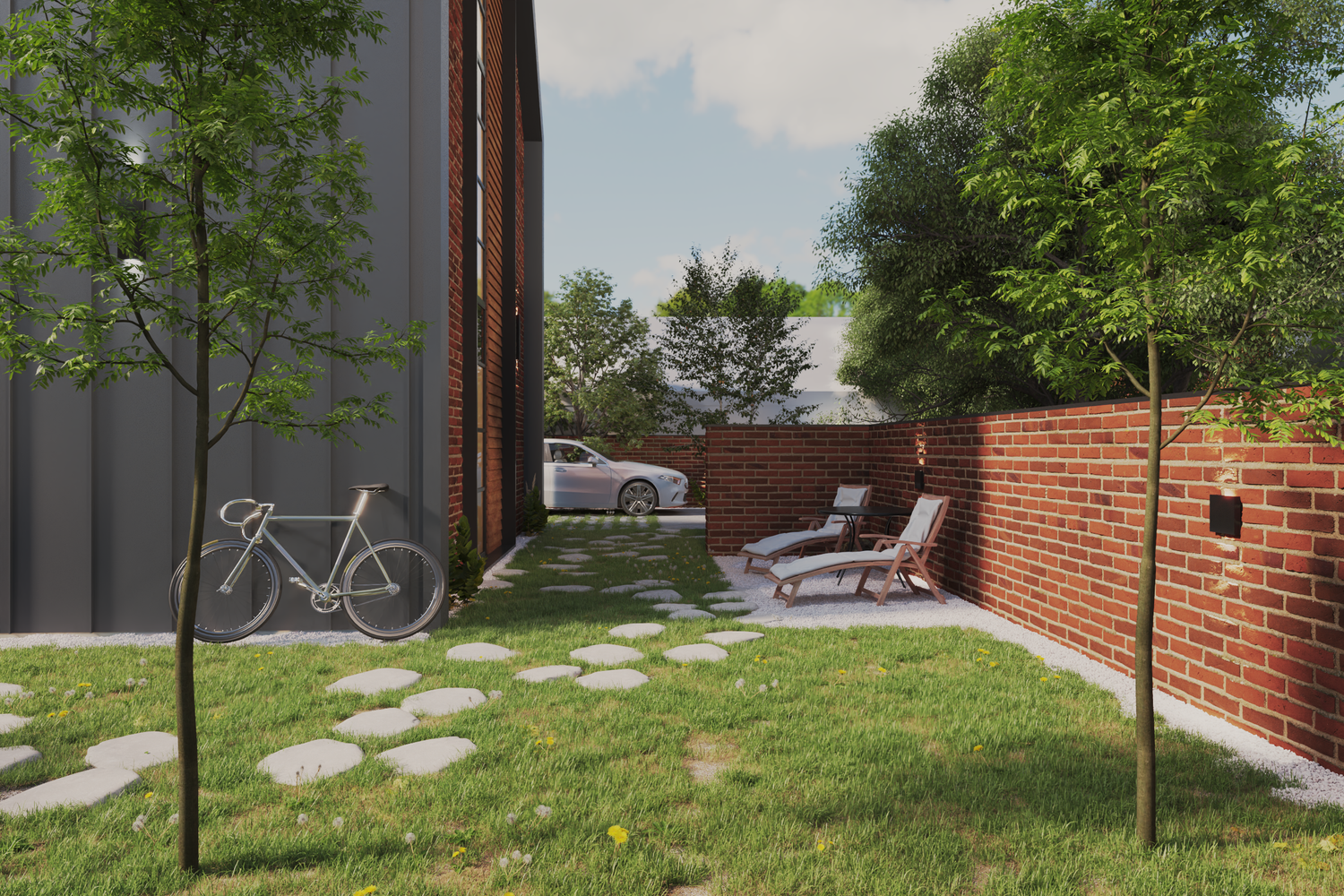 A modern backyard with a grassy lawn, two small trees, a brick wall, and outdoor seating including two lounge chairs. There is a bicycle leaning against a gray and metal wall on the left and a car parked at the end of a stone path in the background. The scene is bright with a partly cloudy sky.
