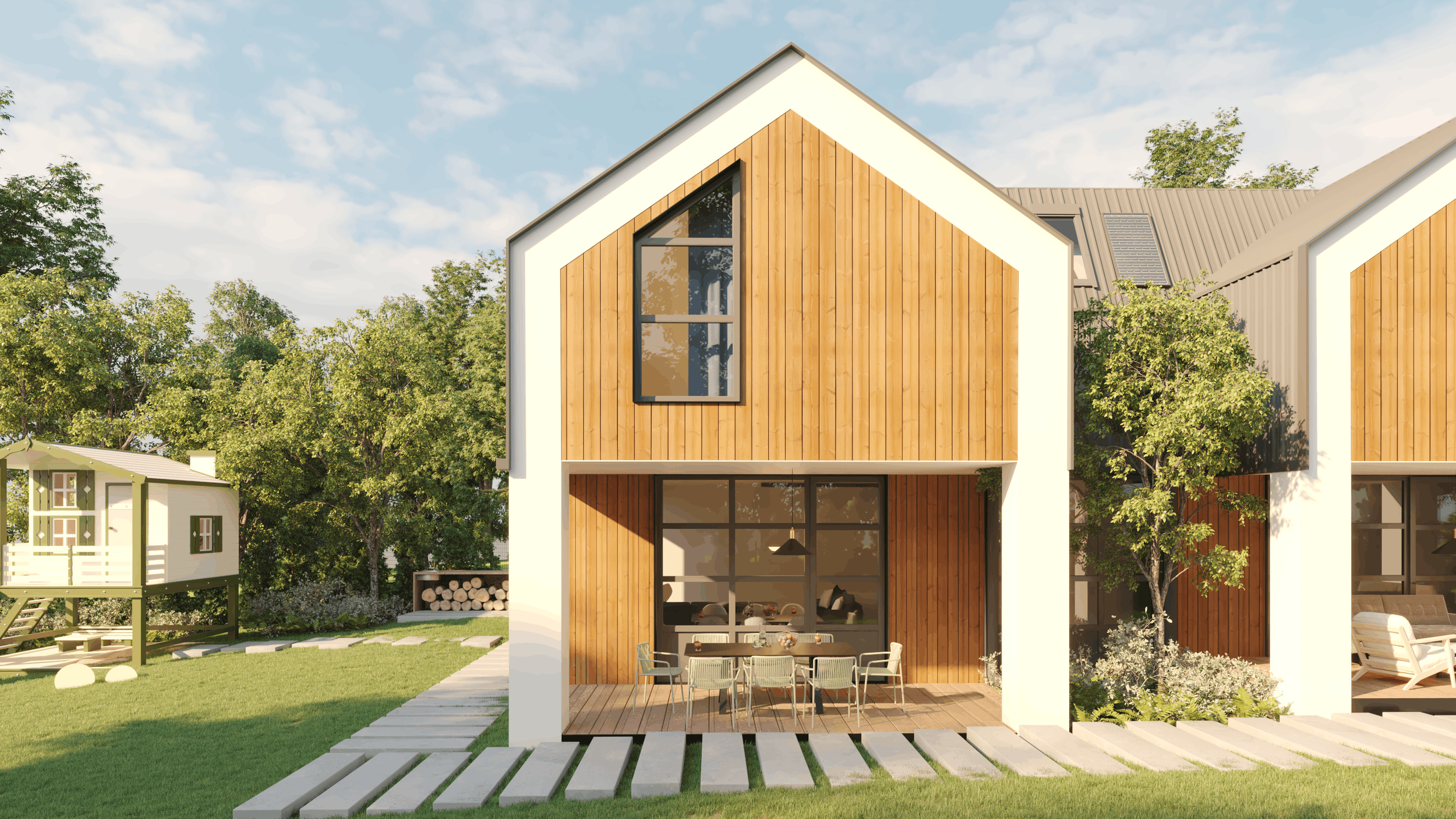 Modern two-story house with wooden exterior and large windows, surrounded by green trees and lawn, under a blue sky with some clouds.