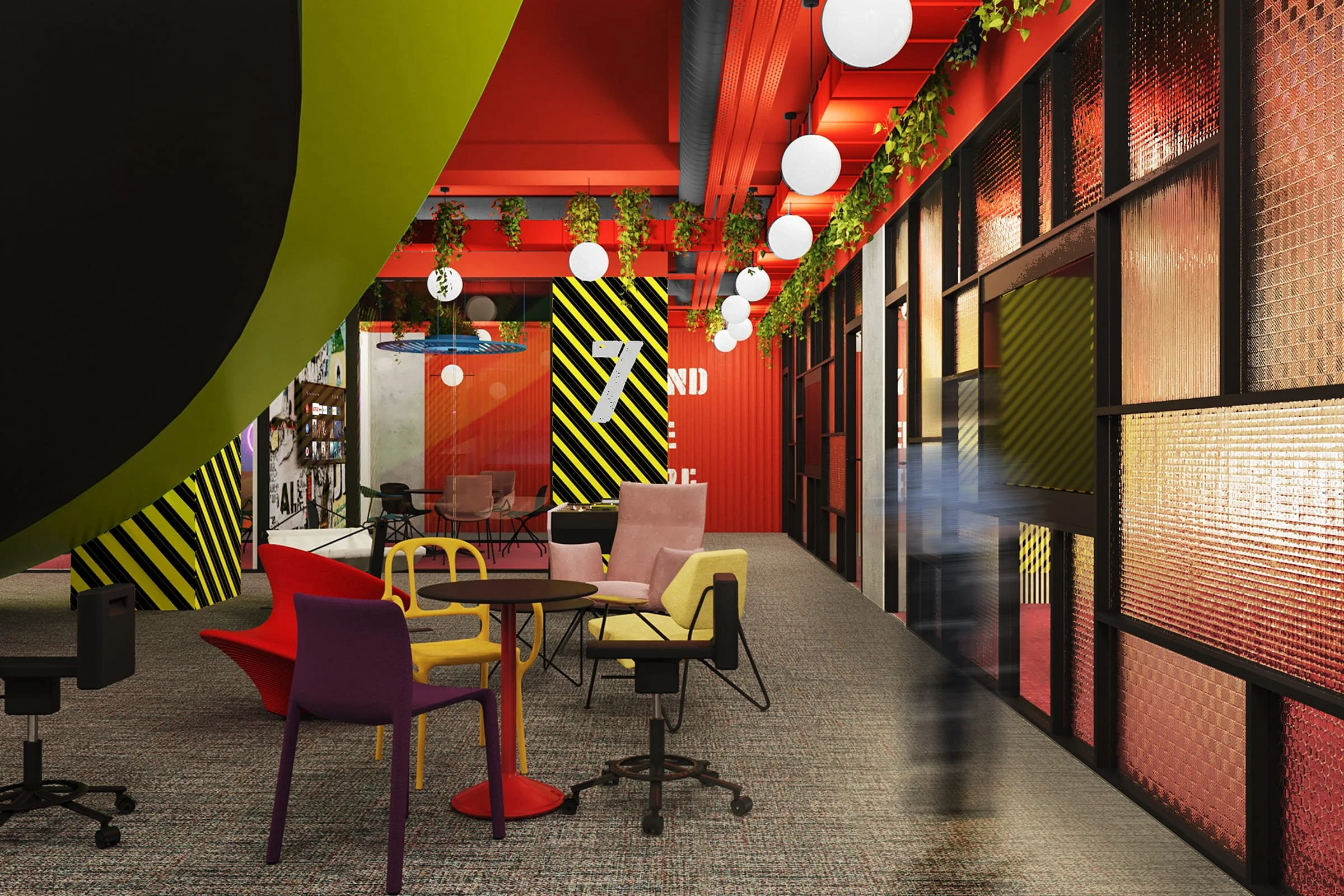 Colorful modern office or lounge area with multicolored chairs, including purple, red, yellow, and pink, around black tables. The space features red walls, hanging spherical white lights, green plants, and large windows with textured glass panels. There is a black and yellow striped sign with the number 7 in the background.