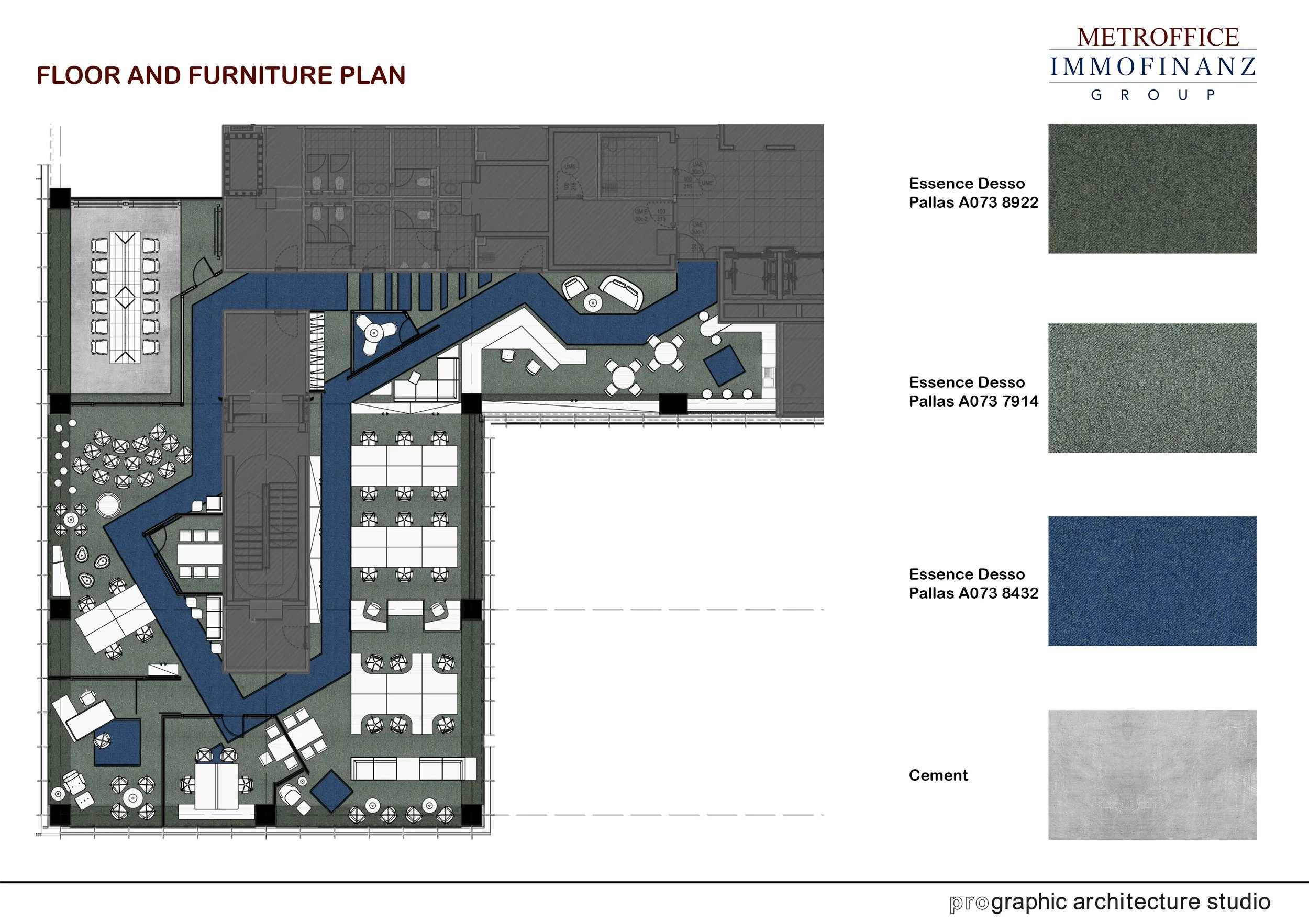 Floor and furniture plan with various rooms and furniture arrangements in shades of blue, gray, green, and white, including a color palette with extracted color swatches labeled Essence Desso Pallas A073 8922, 7914, 8432, and Cement.