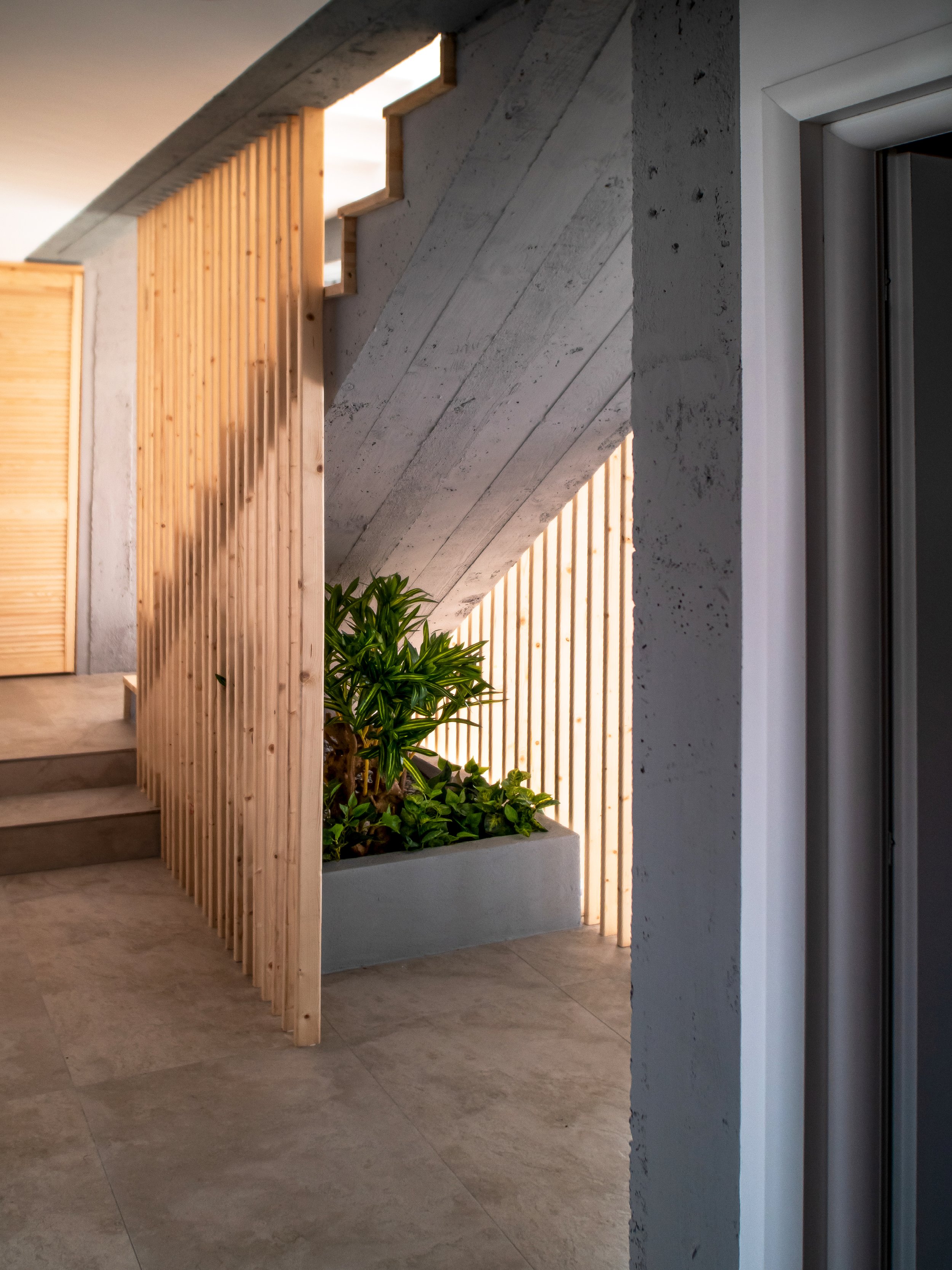 Indoor modern staircase with wooden railing next to a planter with green plants under a concrete sloped ceiling.