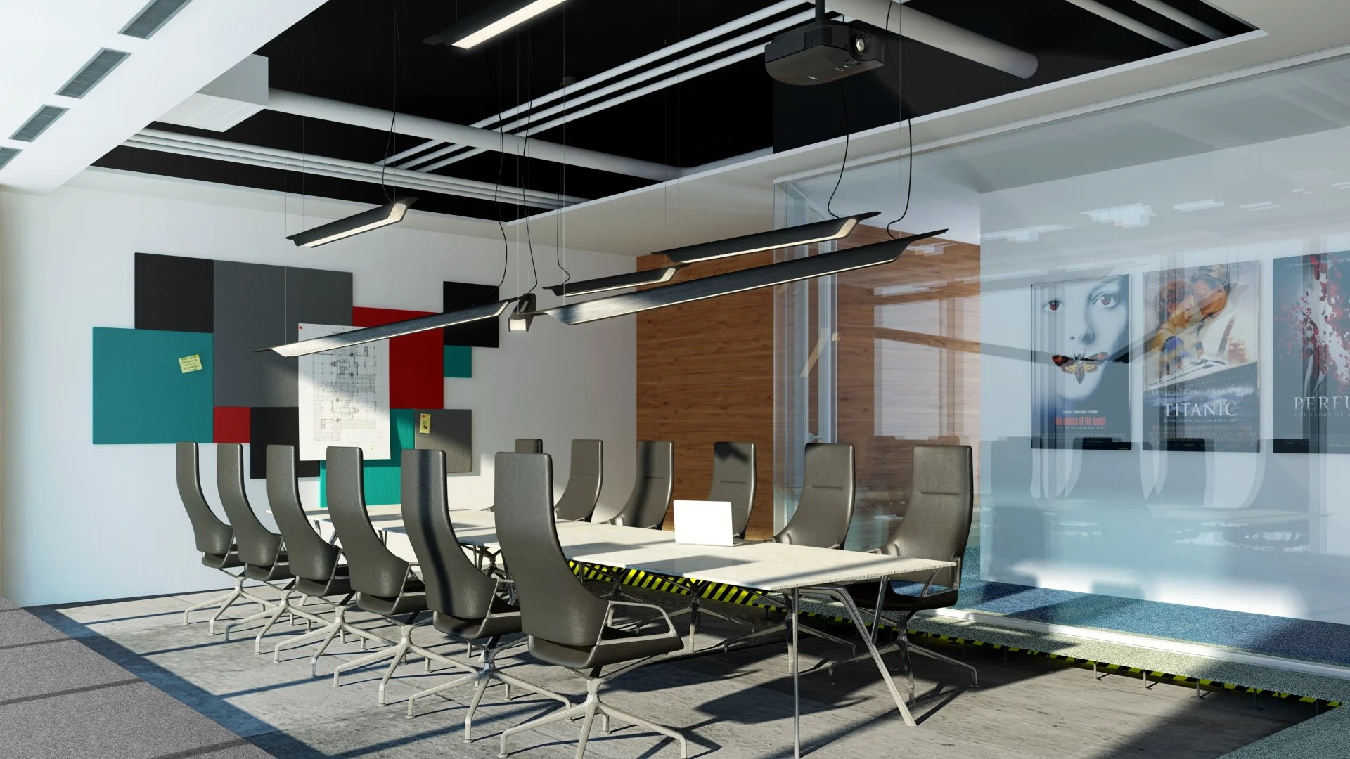 Modern conference room with a long table surrounded by high-backed gray chairs, decorative wall art, and a glass wall with posters in the background.
