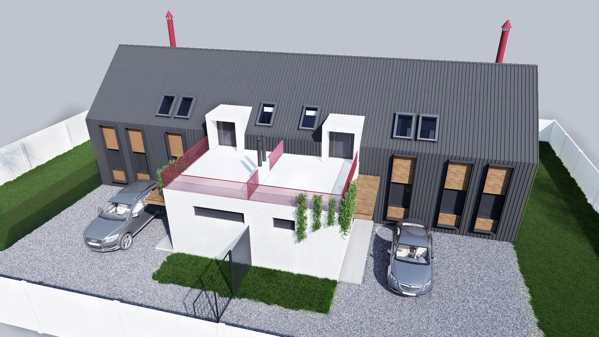 3D rendering of modern duplex houses with black and white exteriors, wooden window treatments, gravel driveways, and parked cars, surrounded by green lawns and white fencing.