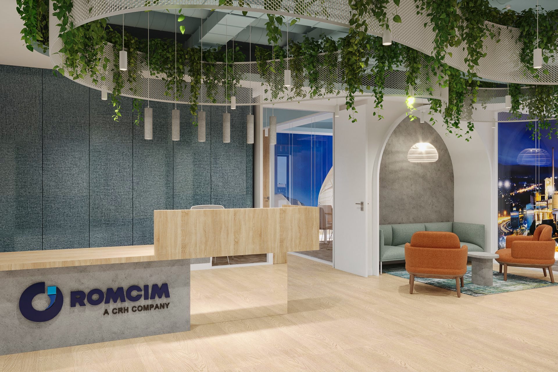 Modern office reception area with a wooden reception desk, seating area with green and orange chairs, textured gray wall, hanging pendant lights, lush green ceiling plants, and cityscape view through large windows.