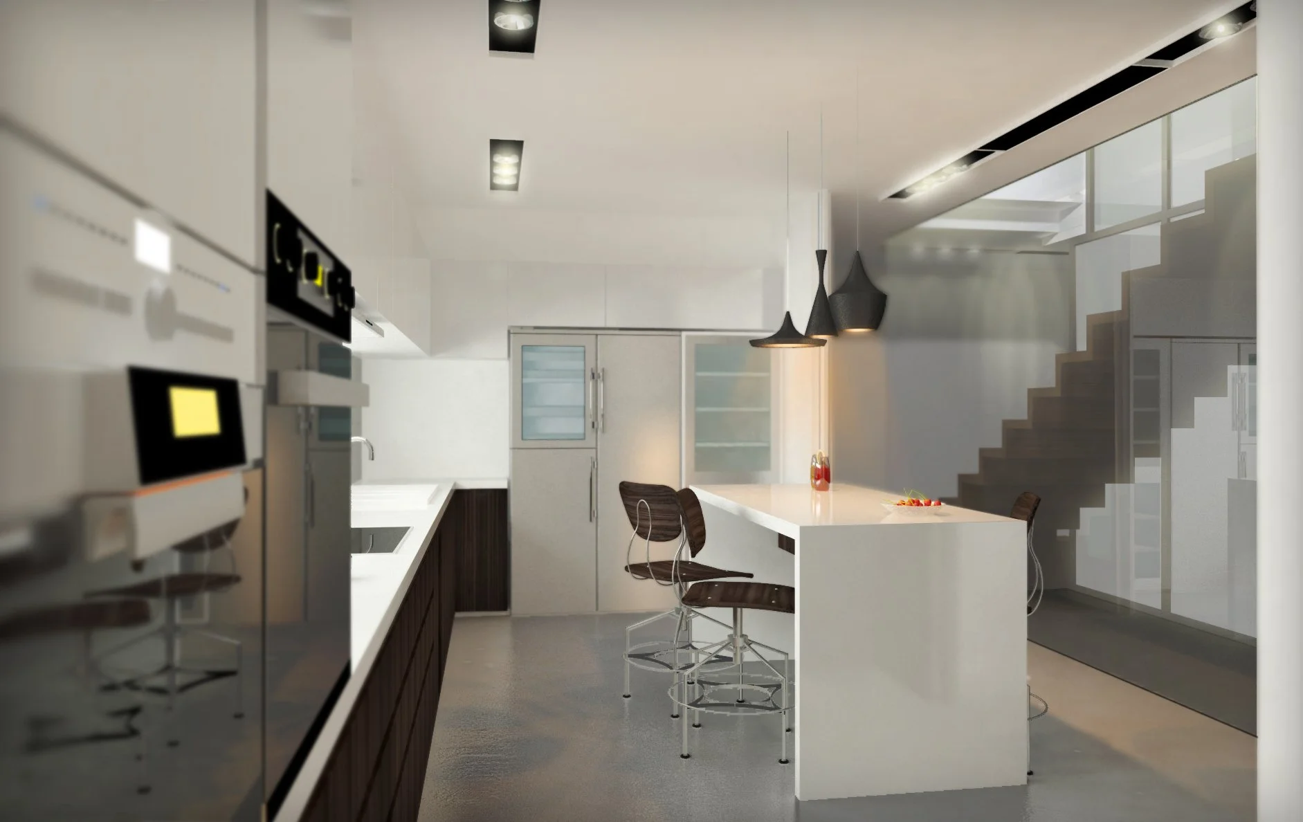 Modern kitchen with white countertops, dark wood cabinets, black pendant lights, and a white island with two chairs. A staircase is visible in the background.
