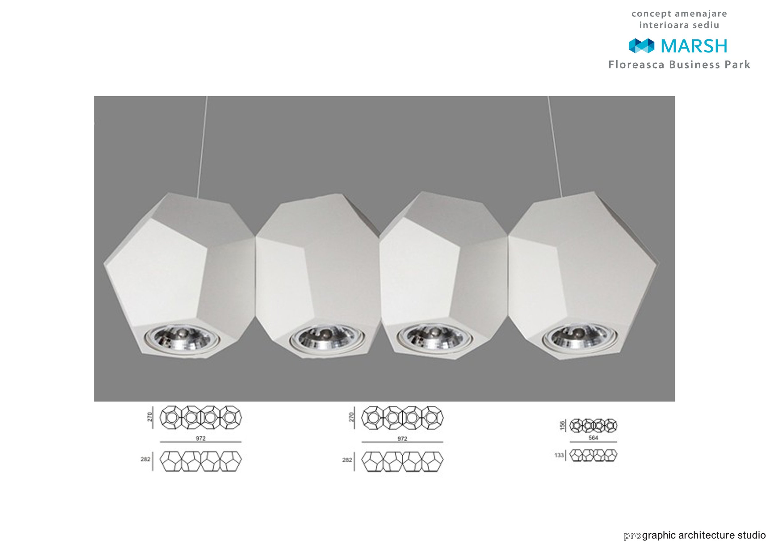 Design blueprint for a modern lighting fixture with four hexagonal white shades and metallic interior reflectors, featuring technical drawings and measurements, labeled 'Marsh Floreasca Business Park', created by a graphic architecture studio.