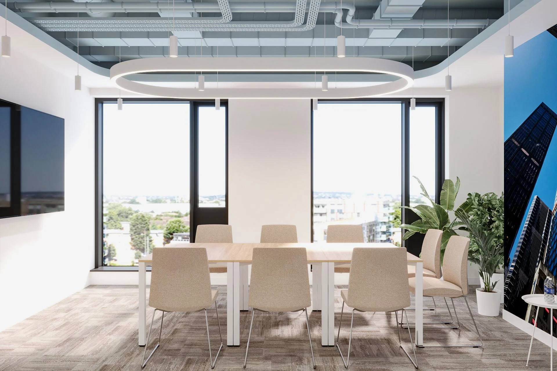 Modern conference room with a wooden table, beige chairs, large windows, and a city view. There is a large blue wall with an image of skyscrapers, and green potted plants near the window.