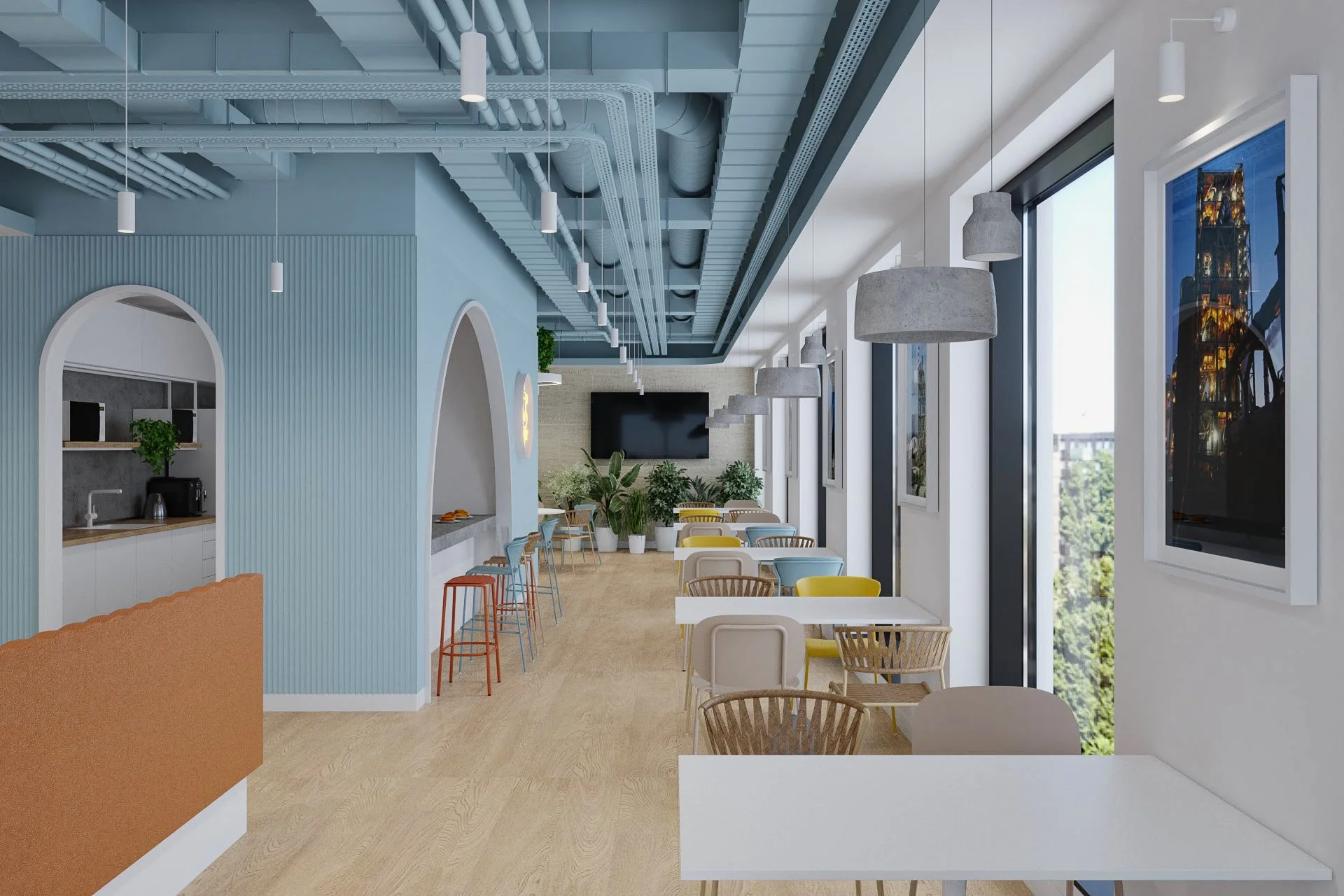 A modern cafe with light wood flooring, blue and white walls, and large windows showing a city view. The decor includes colorful chairs, hanging pendant lights, and potted plants.