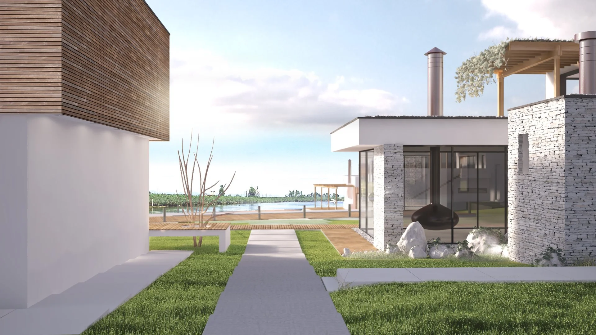 Modern house designed with white and stone walls, large glass windows, and a landscaped yard with a pathway, green grass, and rocks. In the background, there's a body of water and a partly cloudy sky.