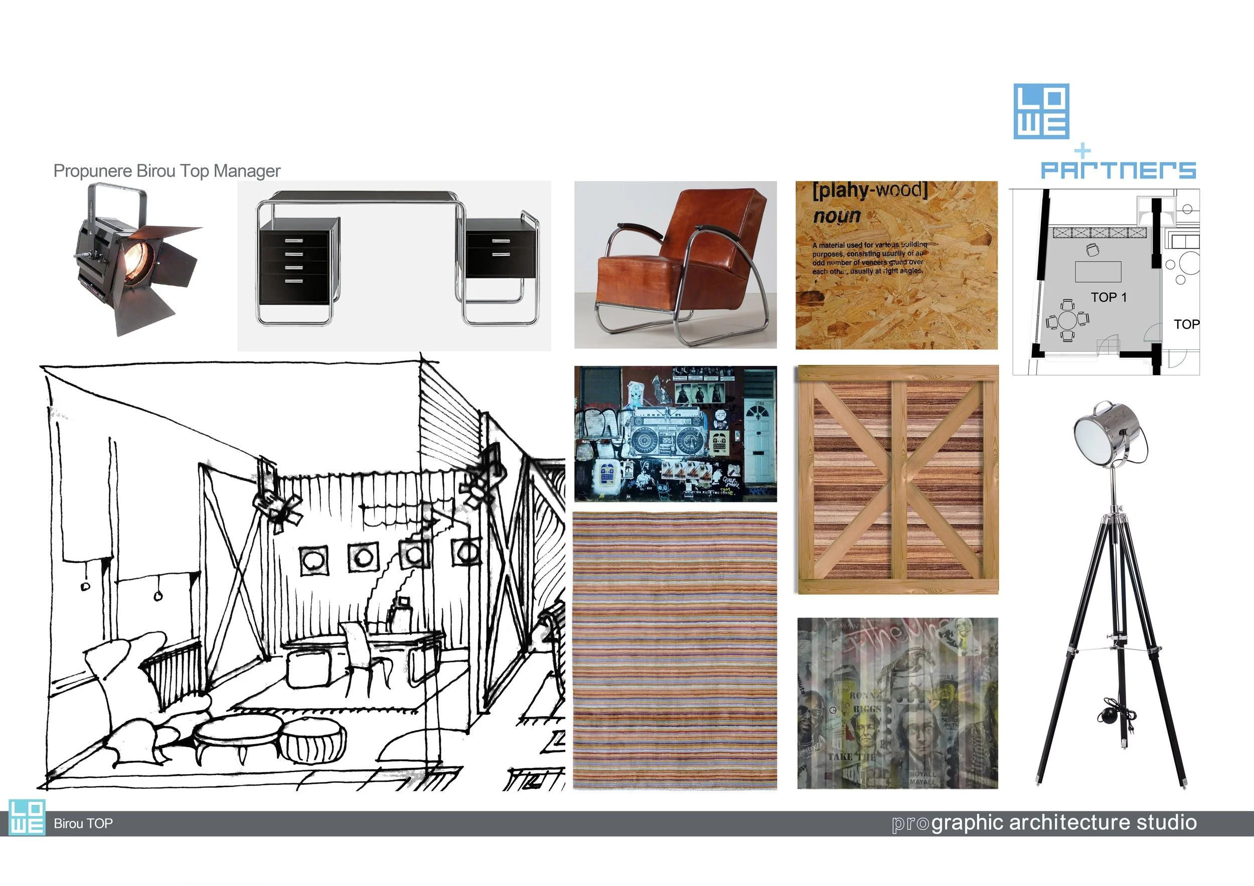 Interior design mood board with furniture, lighting, materials, and architectural plans for a studio space.