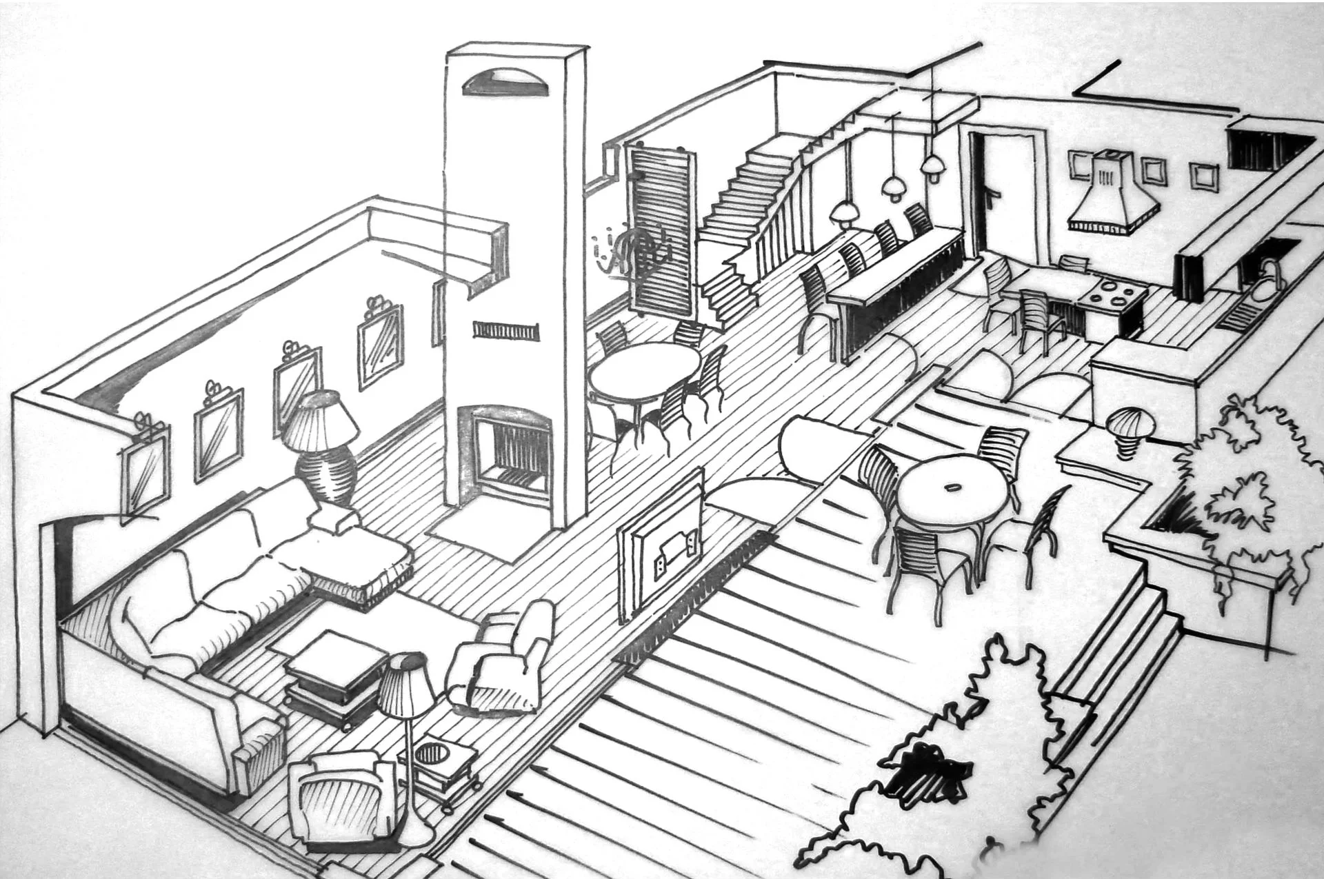Hand-drawn isometric illustration of an open-concept apartment interior with living room, dining area, kitchen, stairs, and outdoor balcony.
