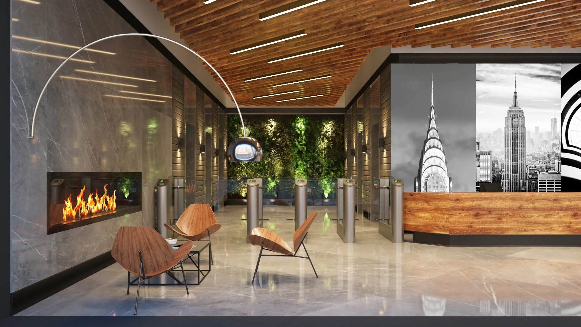 Modern hotel lobby with fireplace, wooden chairs, green wall, and skyscraper images on the wall.