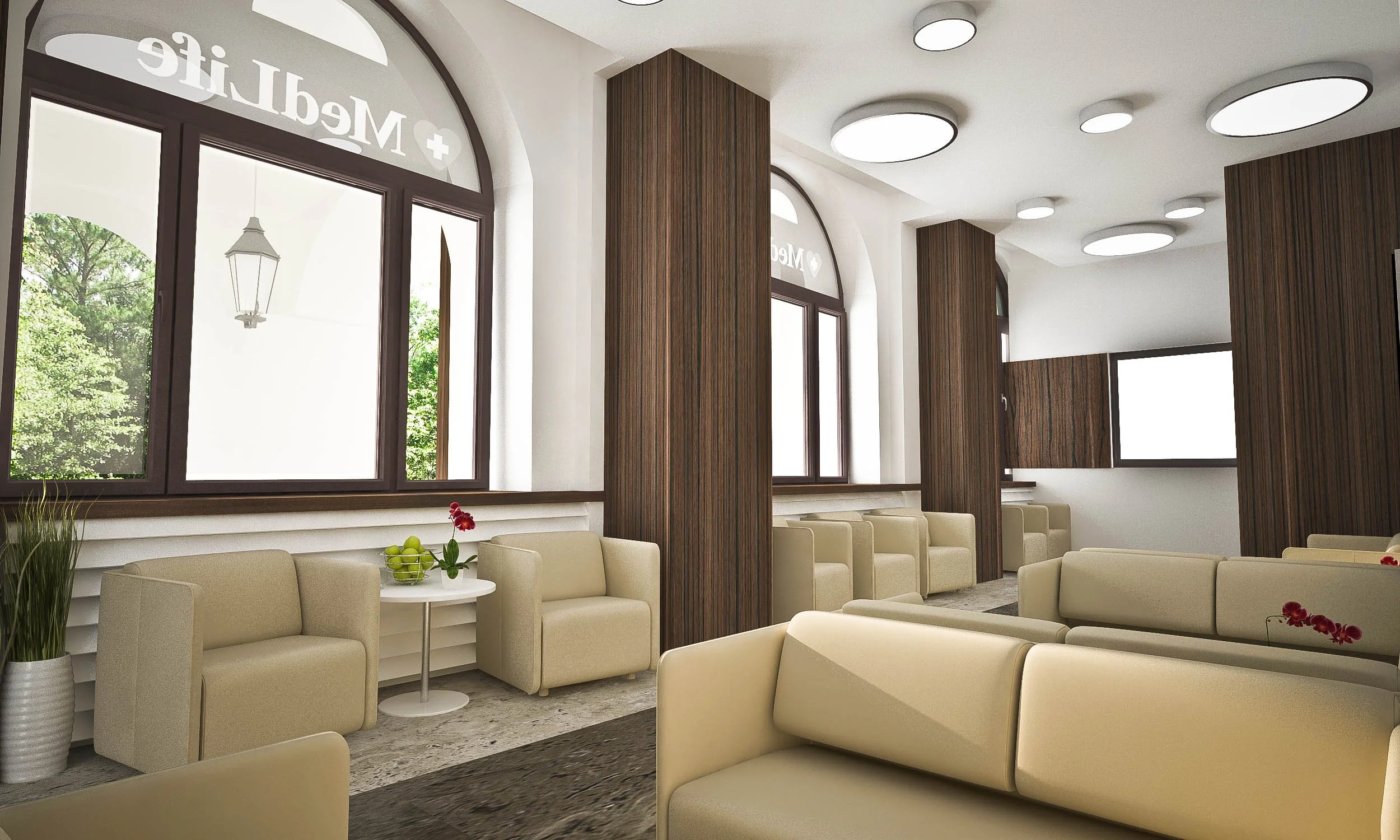 Interior of a modern medical waiting room with beige sofas, wooden columns, large arched windows, indoor plants, and ceiling lights.