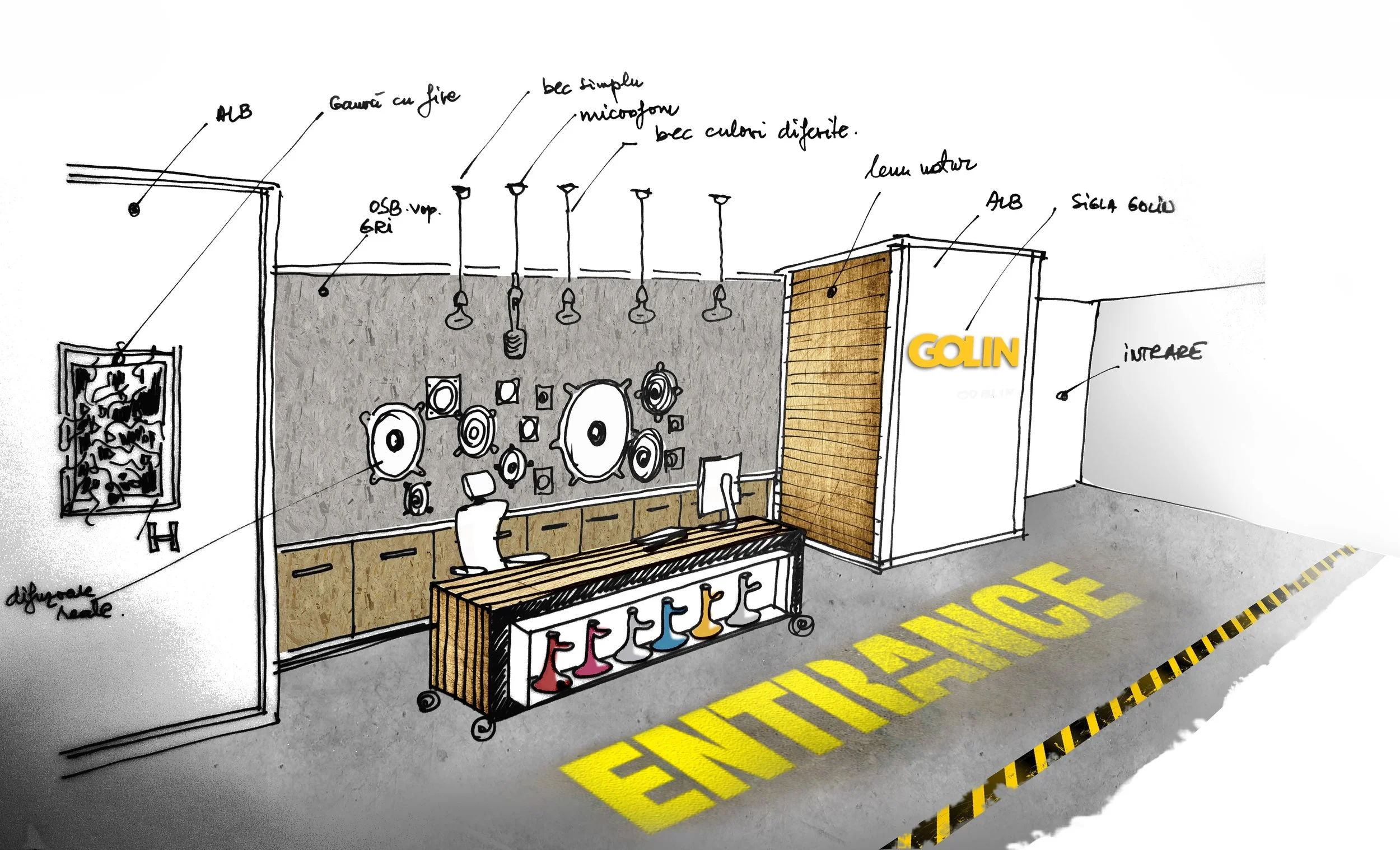A sketch of a modern office or store interior wall with various design elements labeled. The left side has a picture frame with an abstract image, and the wall features a textured gray surface with multiple hanging lights, speakers, and decorative items. A wooden desk with a computer monitor is in front of the wall, and below it, a shelf displays colorful vases. To the right, a wooden slat wall separates the space, with the word 'GOLIN' in yellow 3D letters and the word 'INTERARE' on the adjacent wall. The gray floor has large yellow 'ENTRANCE' letters, with a black and yellow striped safety border nearby.