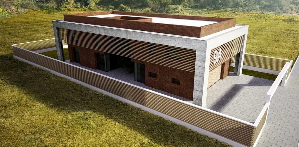 Modern two-story house with a flat roof, brick and concrete exterior, surrounded by a wooden fence, with the number 94 on the front wall.