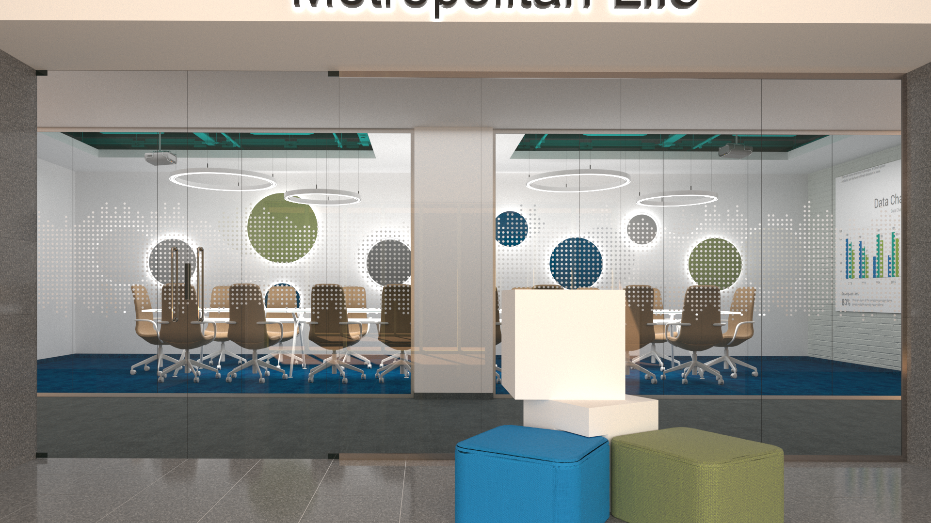 A modern conference room viewed through a glass wall with a sign that reads 'Metropolitan E' at the top. Inside, there are two long tables surrounded by brown office chairs, with decorative green, blue, and gray circular wall art and circular ceiling lights. Outside the glass, in the foreground, are two colorful ottomans, one blue and one green, with a white block table between them.