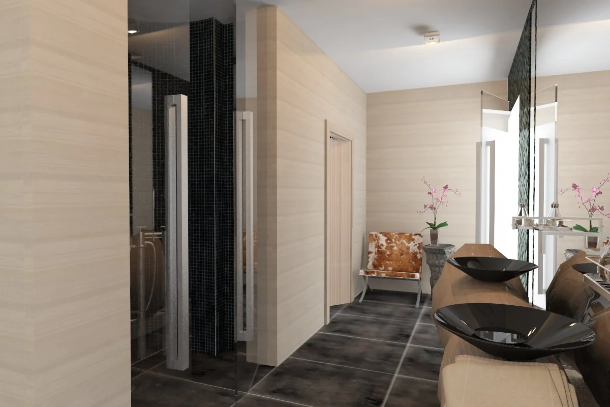 Modern bathroom with double black sinks, decorative towels, potted plants, and a shower with glass doors.
