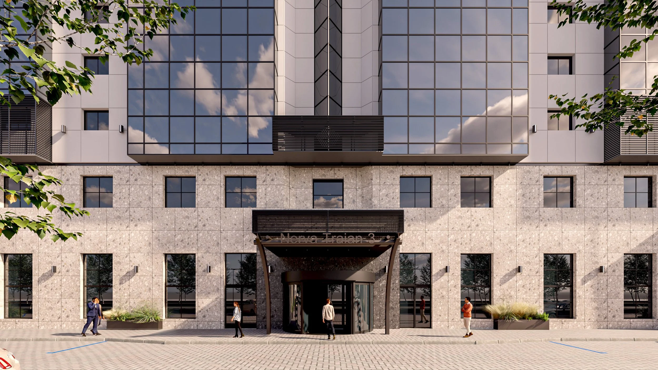 Modern building with reflective glass windows, people walking outside, and trees in the foreground.