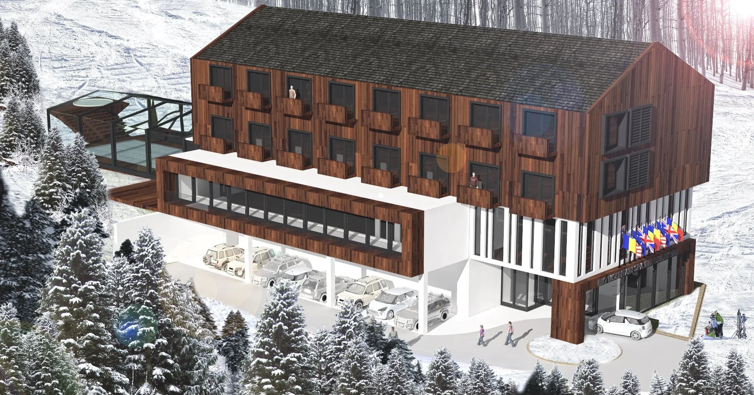 A modern, multi-story building with wooden exterior and numerous small balconies, situated in a snowy forest landscape, with parking on the ground level and a group of people near the entrance.