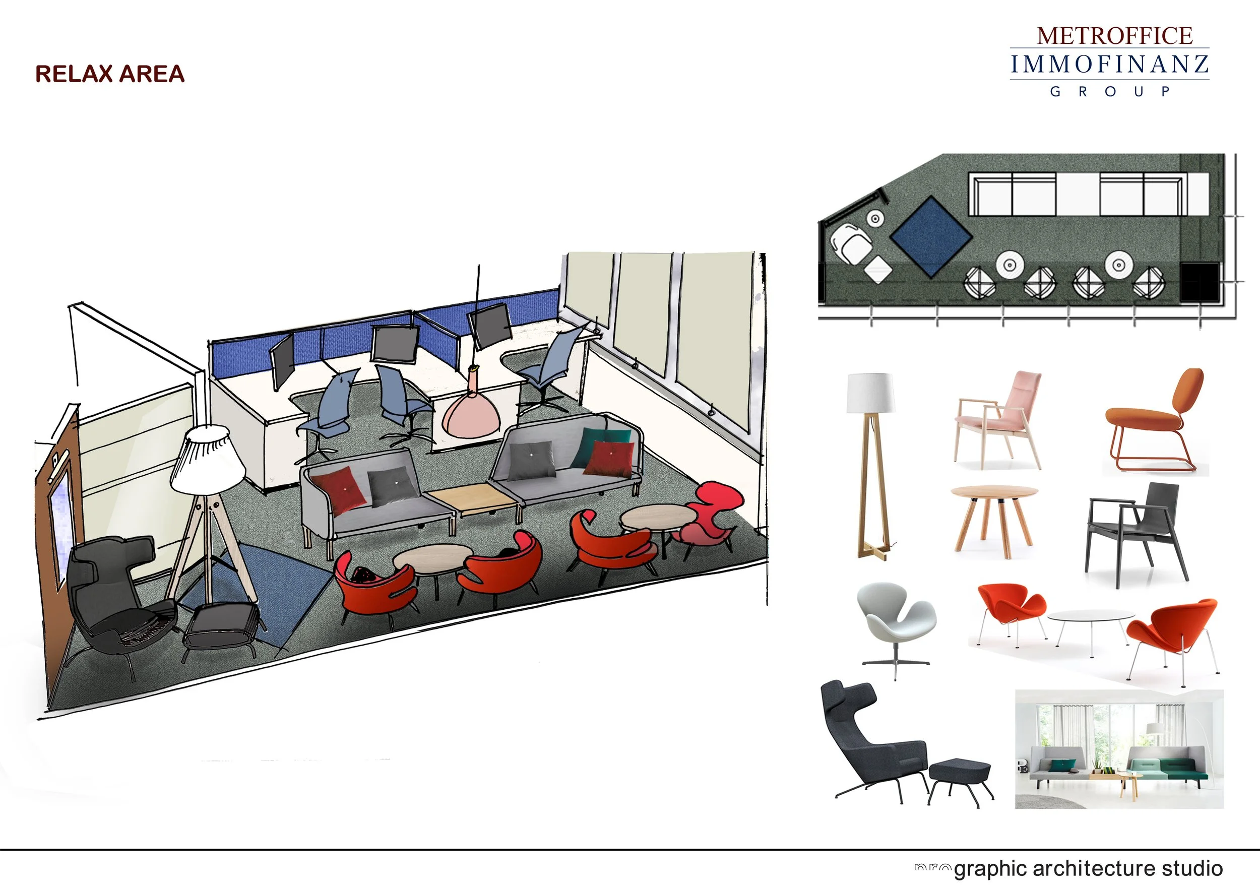 Design plan for a modern office relaxation area, featuring various lounge chairs, sofas, ottomans, tables, and a bar area with stools. Includes a floor plan and images of different furniture options.
