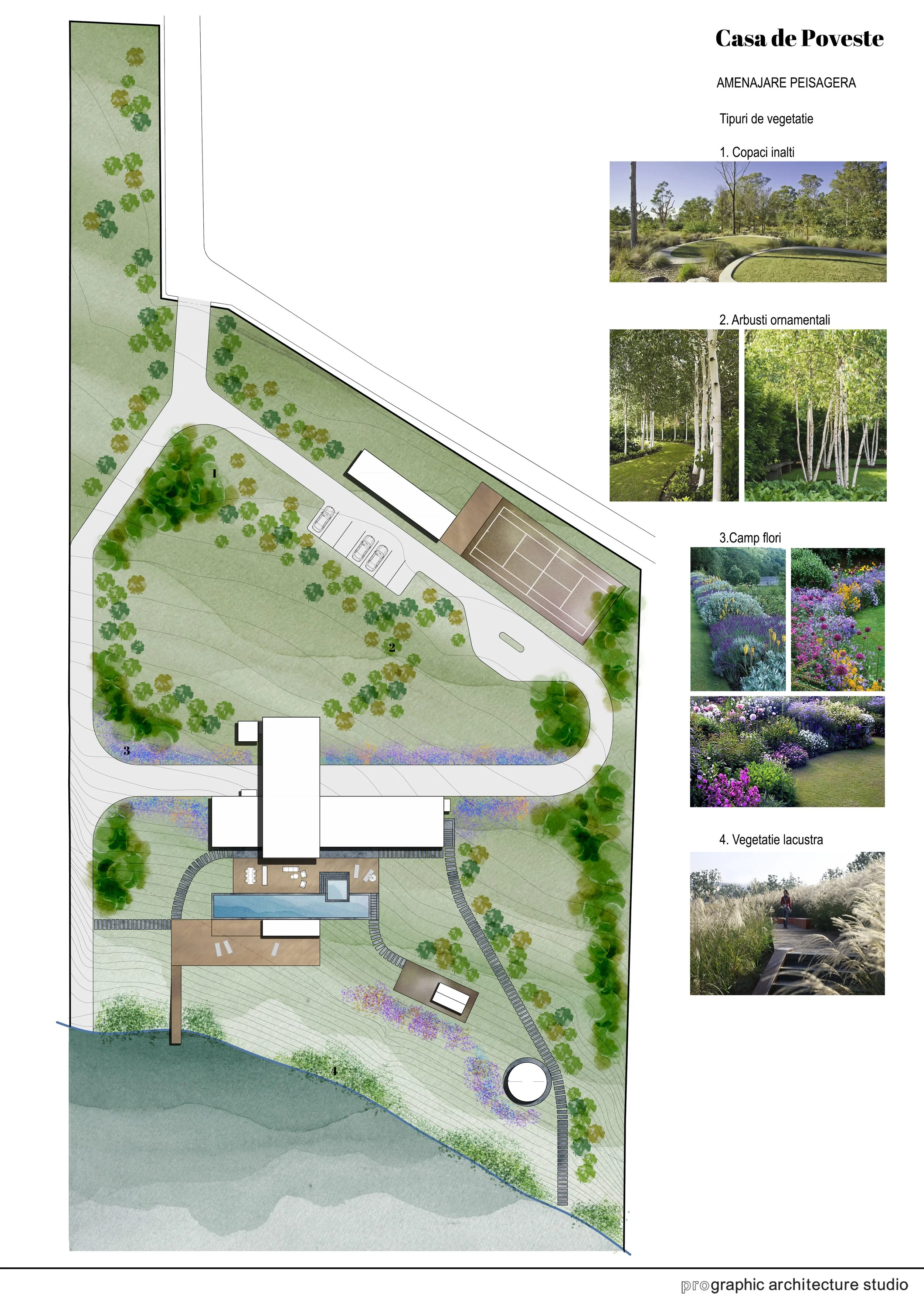 Landscape plan of a house with various garden areas, including ornamental shrubs, a flower field, and native vegetation, with a tennis court and parking area.