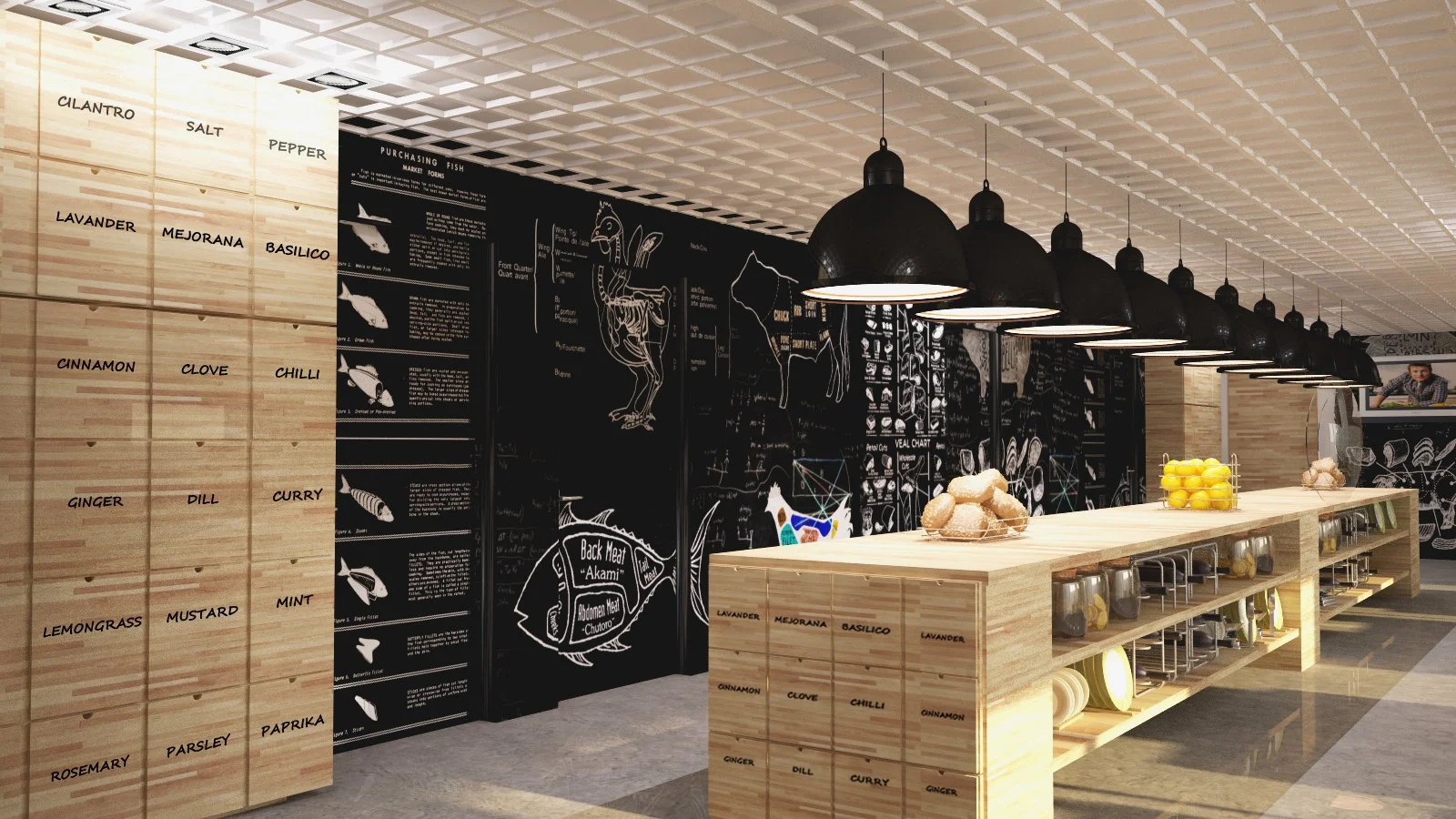 A modern restaurant interior featuring a long wooden counter with jars and dishes, black pendant lighting, a chalkboard wall with diagrams and seasoning names, and a cardboard wall with avian illustrations and seasoning labels.