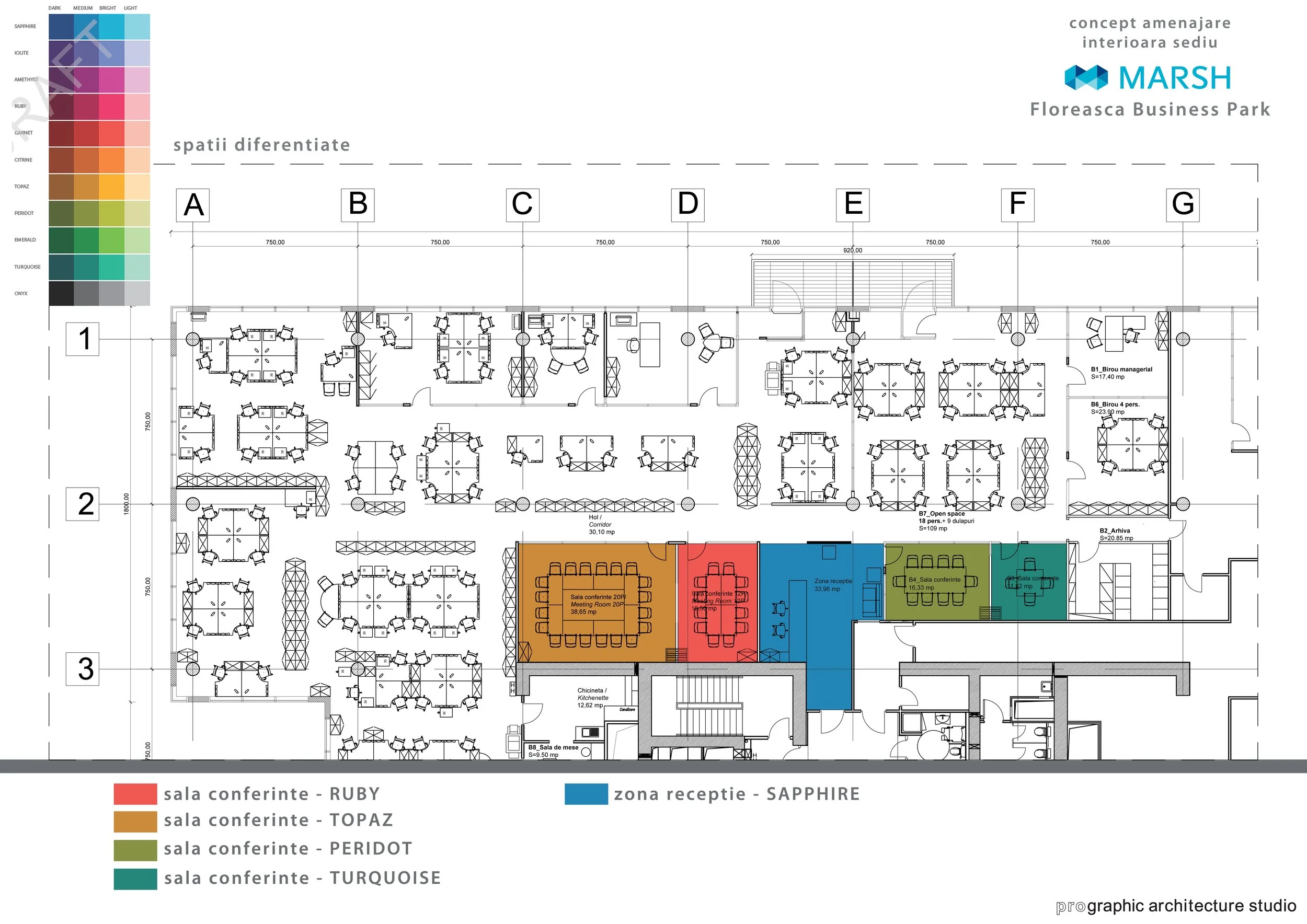 Architectural floor plan of Floreasca Business Park with color-coded conference rooms, reception area, and meeting spaces, labeled with names and measurements.