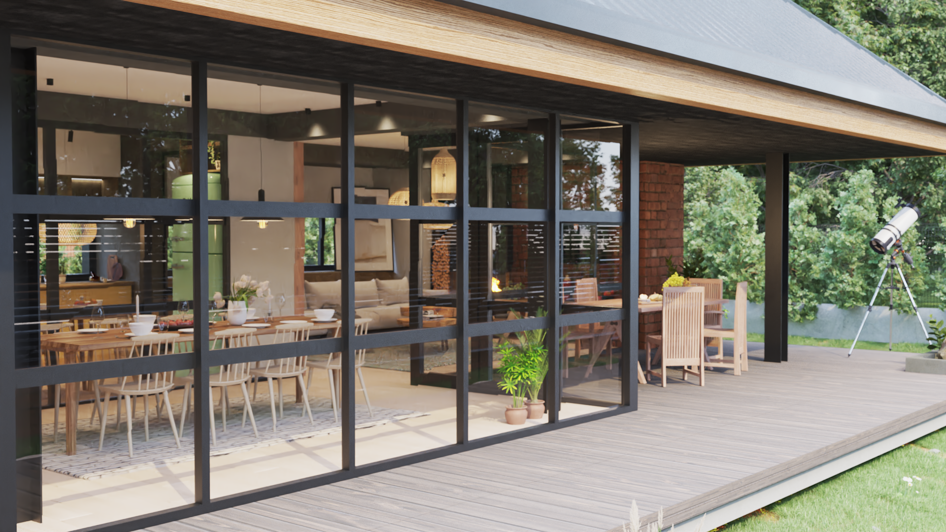 Modern house with large glass windows showing interior dining and living areas on a wooden deck, surrounded by greenery, with a telescope outside.