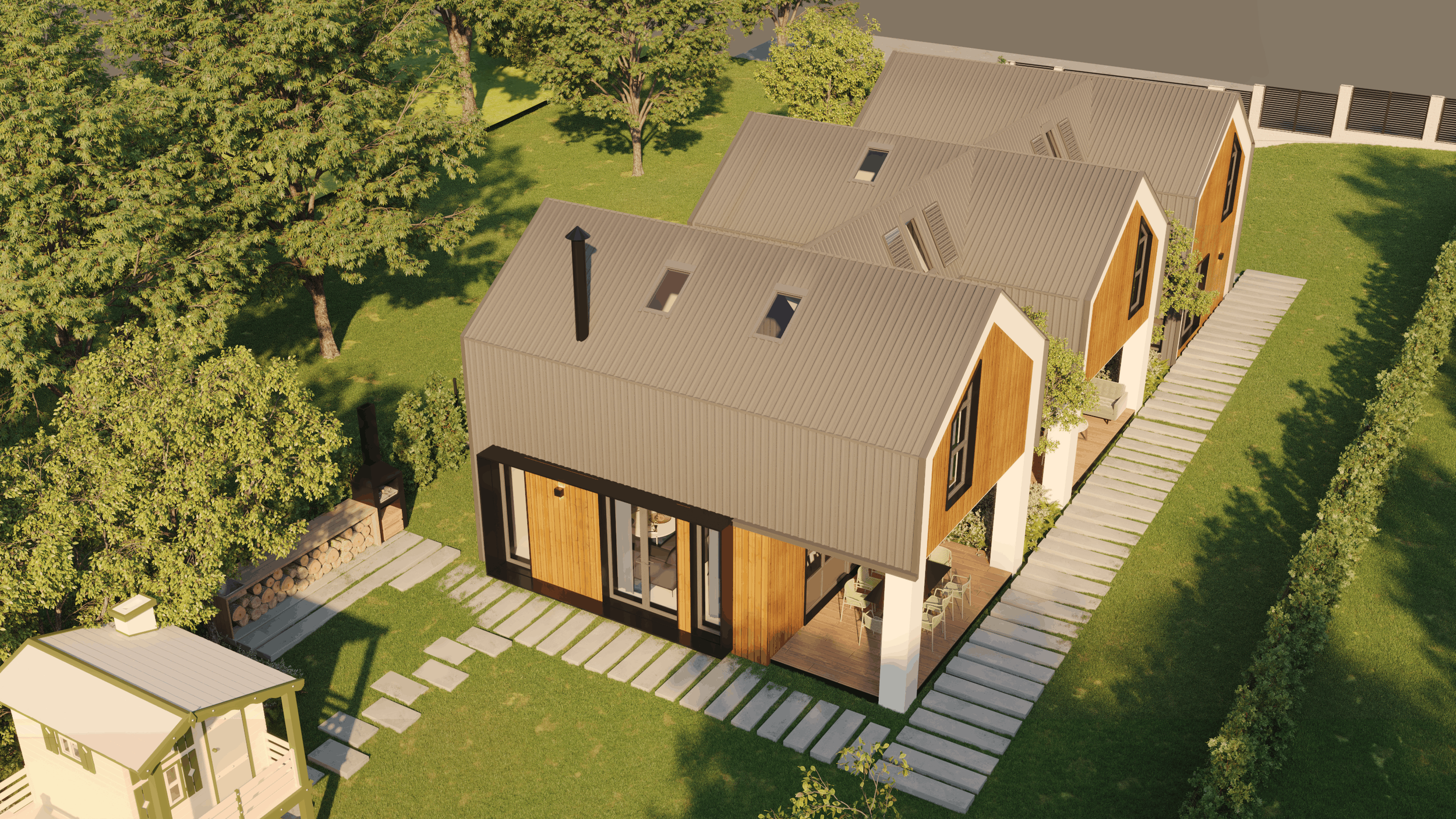 Aerial view of a modern residential house with a sloped metal roof, large windows, and a small front porch, surrounded by green trees and a well-maintained lawn with stone pathways.