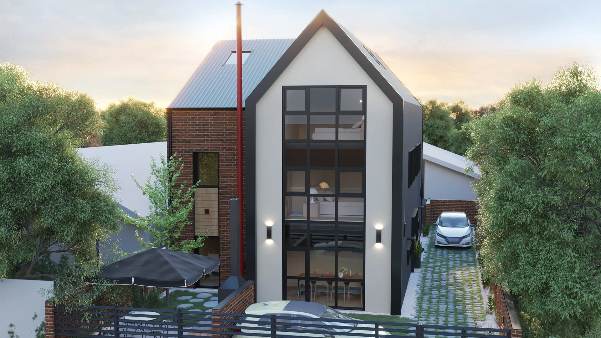 Modern multi-story house with large glass windows, brick and white exterior, situated in a green neighborhood with trees, cars parked in the driveway, and outdoor seating area.