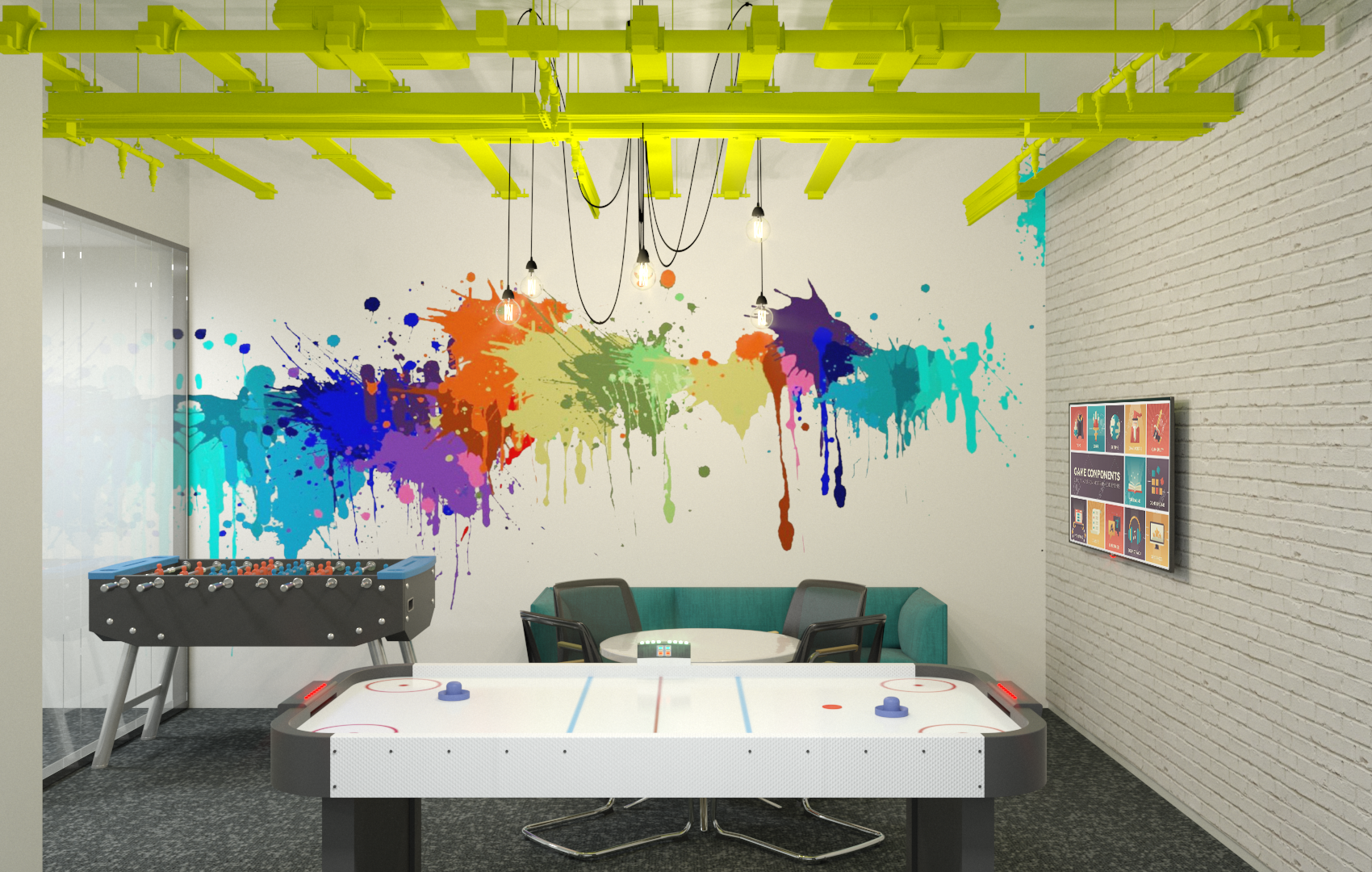 Indoor game room with a colorful paint splash mural on the wall, a foosball table, an air hockey table, and a seating area with chairs and a round table, with yellow ceiling pipes and pendant lights.