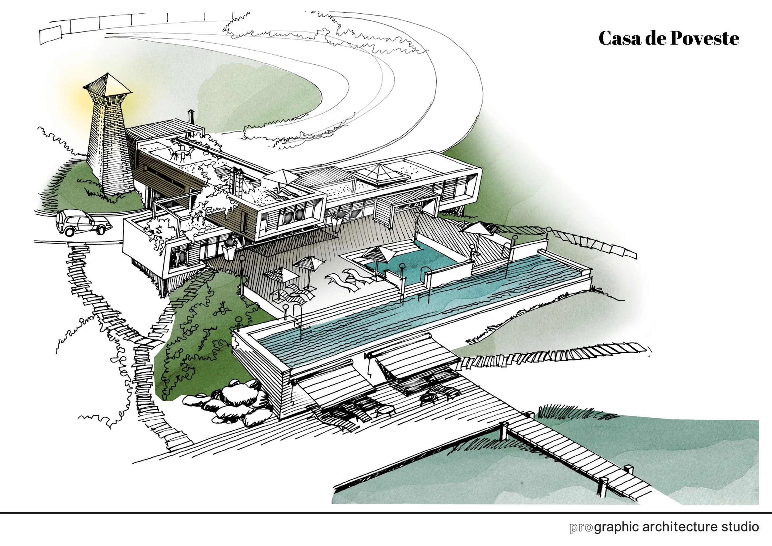 Illustration of a modern house named Casa de Poveste with a rooftop terrace, swimming pool, and outdoor living areas, set on a landscaped property with walking paths and a dock by the water.