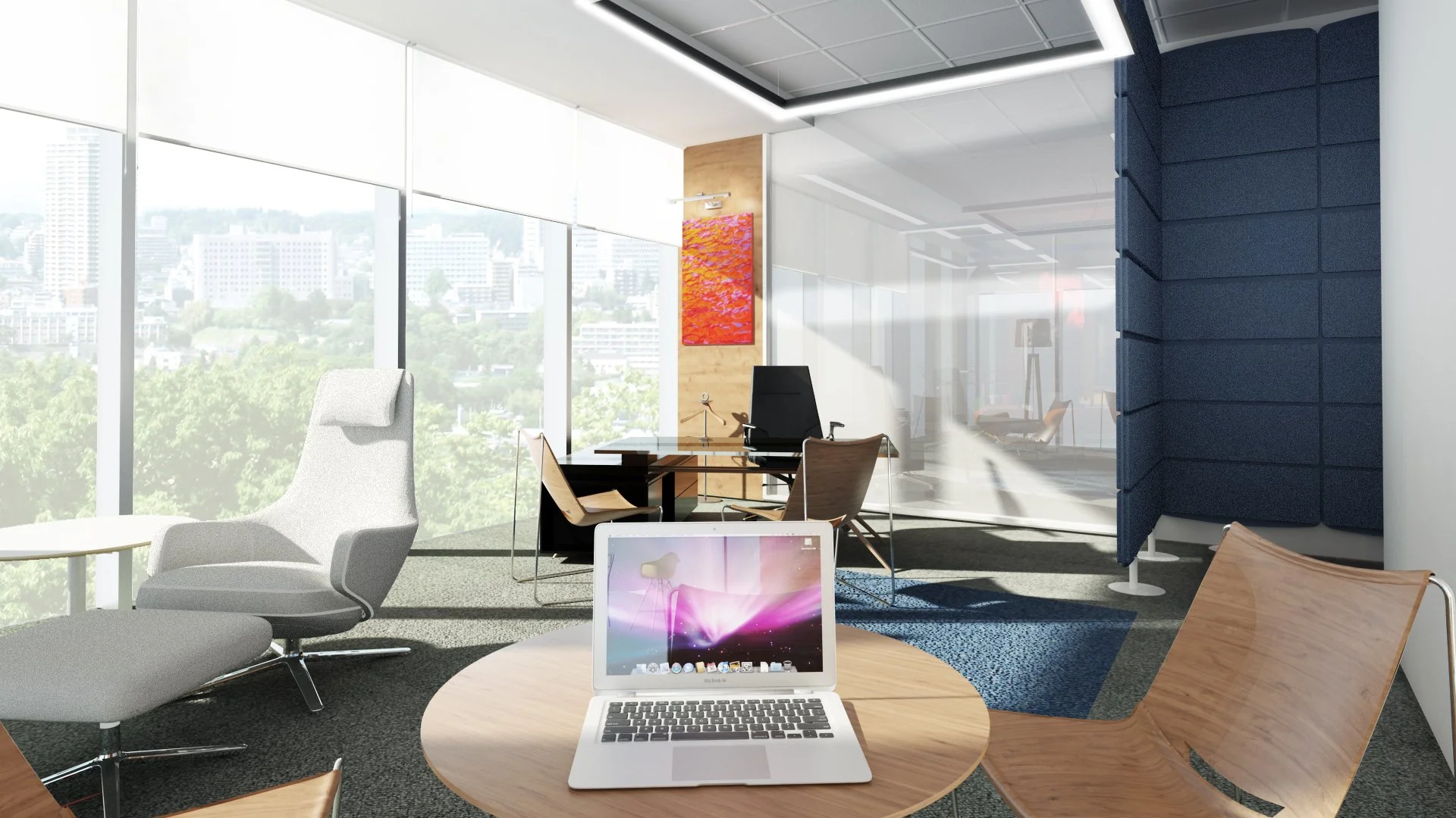 Modern office with large windows, a round wooden table with a MacBook, and various chairs including a gray lounge chair, a black office chair, and wooden chairs. Art on walls, blue acoustic panels, and cityscape outside.