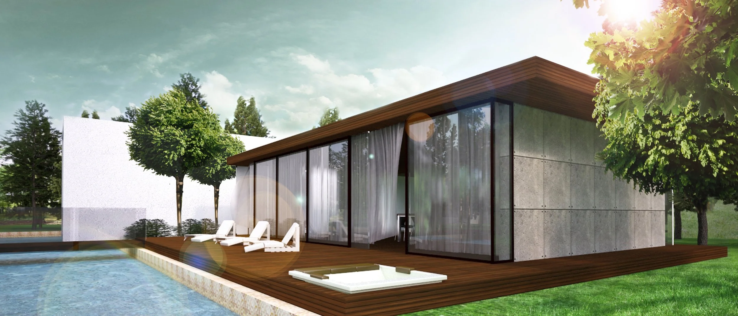 Modern house with large glass windows, wooden deck with lounge chairs, and a pool, surrounded by trees and greenery, with sunlight shining through the leaves.