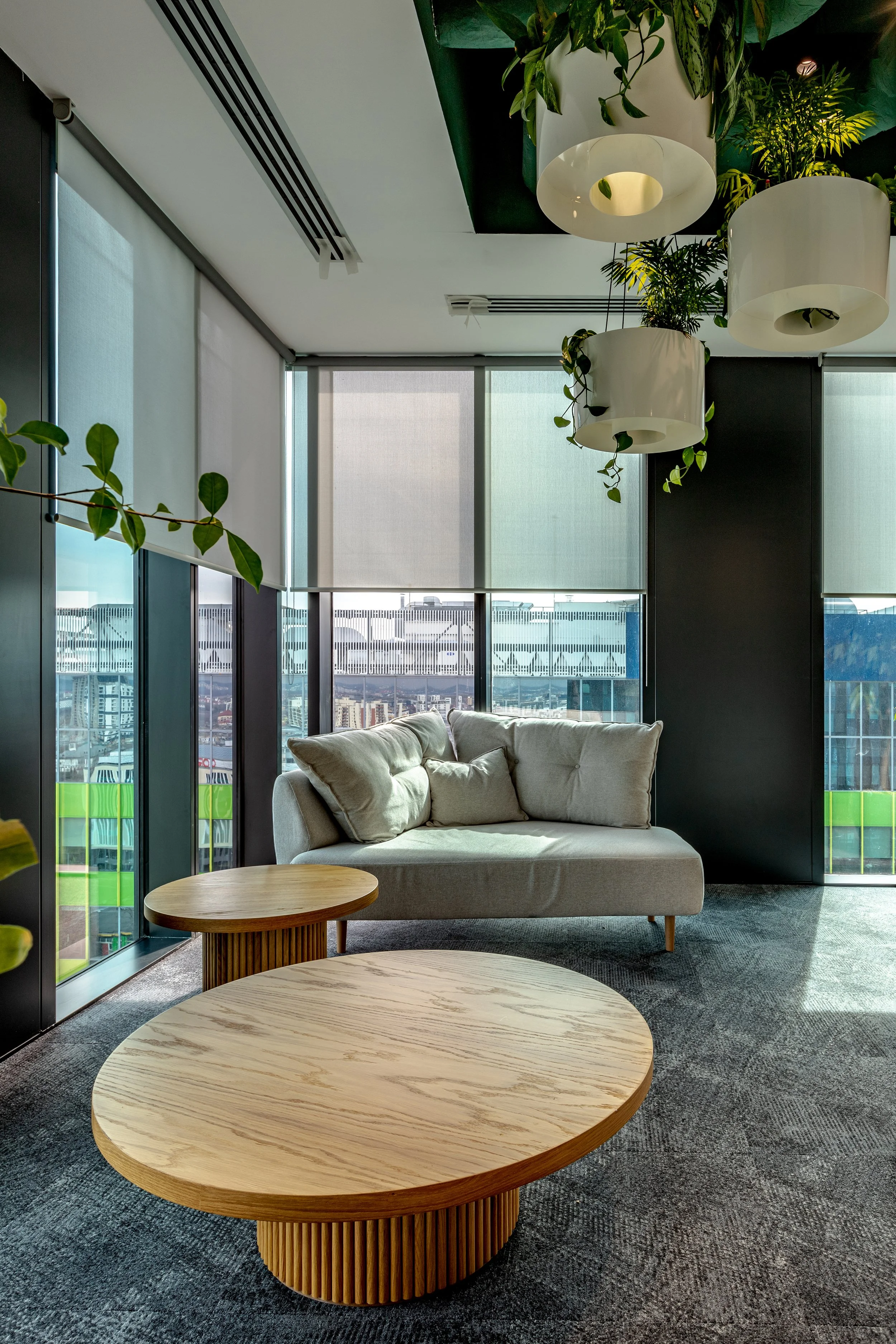 Modern office lounge with a gray sofa, wooden coffee tables, large windows with blinds, and hanging plants.