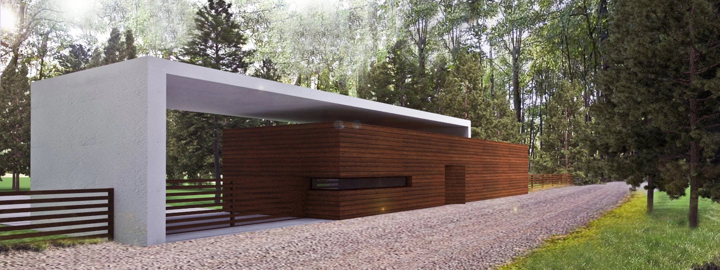 Modern house with white concrete and wooden exterior, surrounded by trees, gravel path, and a wooden fence.