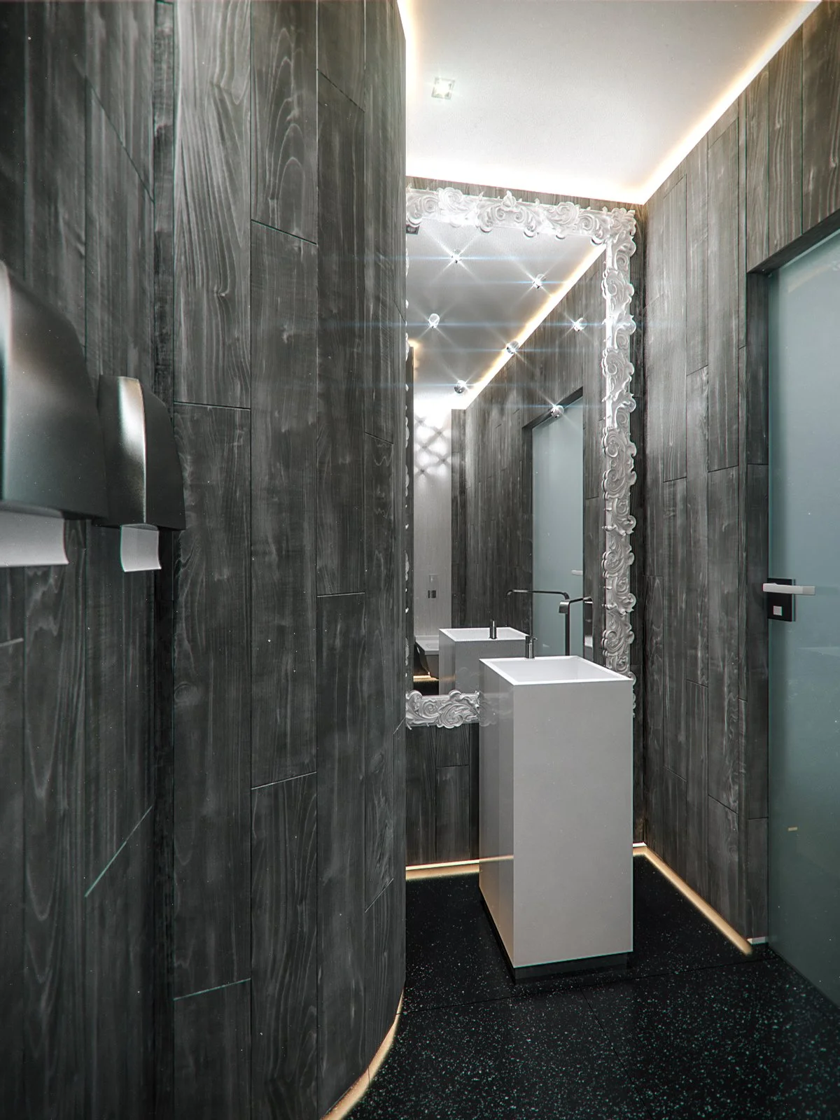 A modern bathroom with dark gray tiled walls, a tall rectangular mirror with ornate white frame, a white pedestal sink, and subtle ambient lighting along the ceiling and floor.