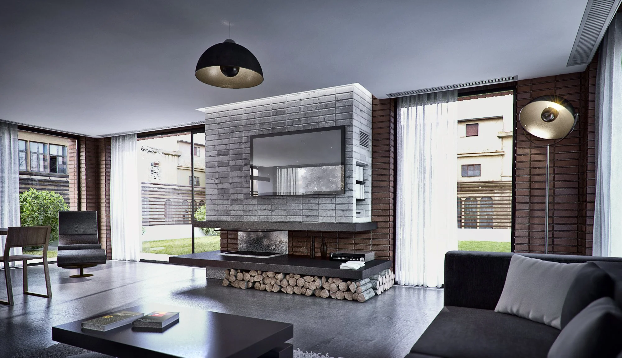 Modern living room with large windows, brick wall, mounted TV, black couch with pillows, wood and metal furniture, and a unique fireplace with logs stored underneath.